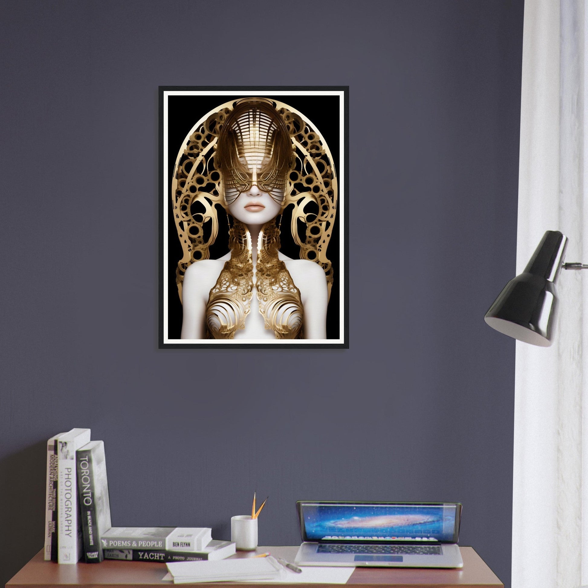 Surreal portrait of a figure with an ornate golden headdress and metallic body art.