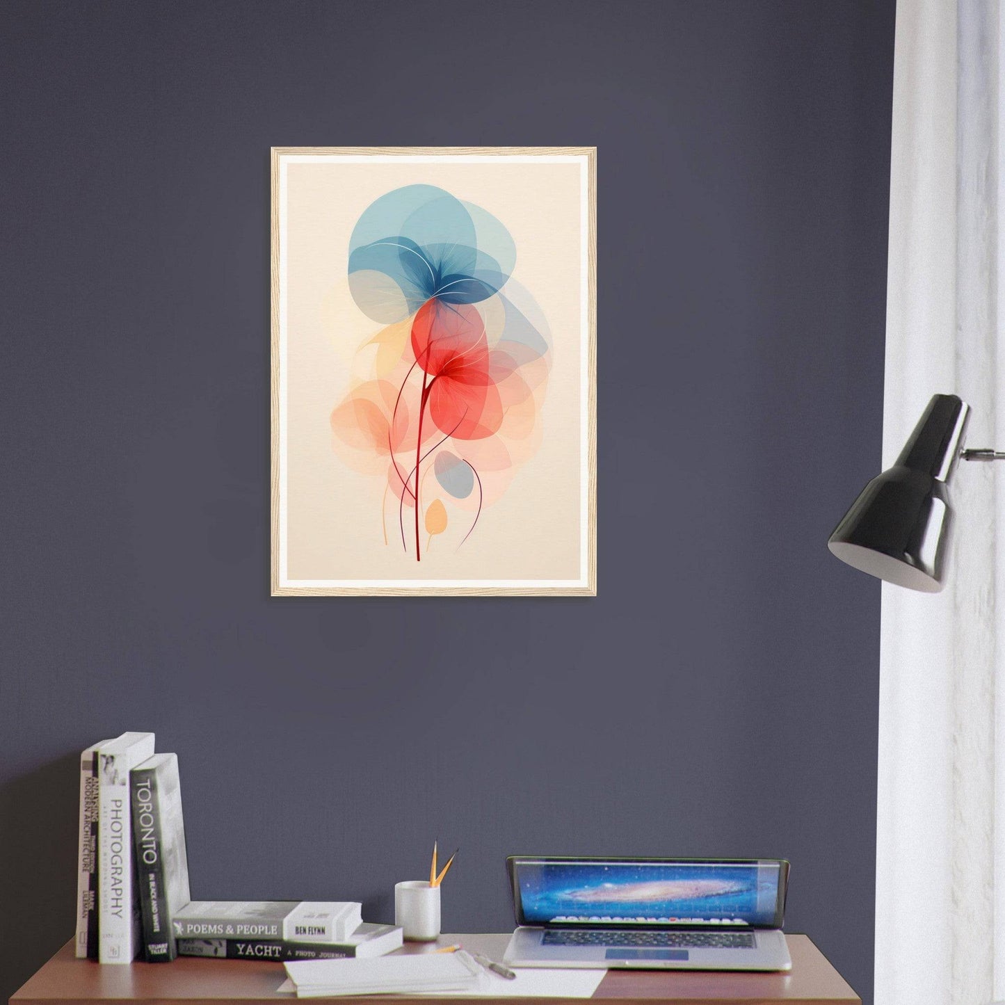 Abstract watercolor painting of overlapping colorful circles resembling flowers or balloons.
