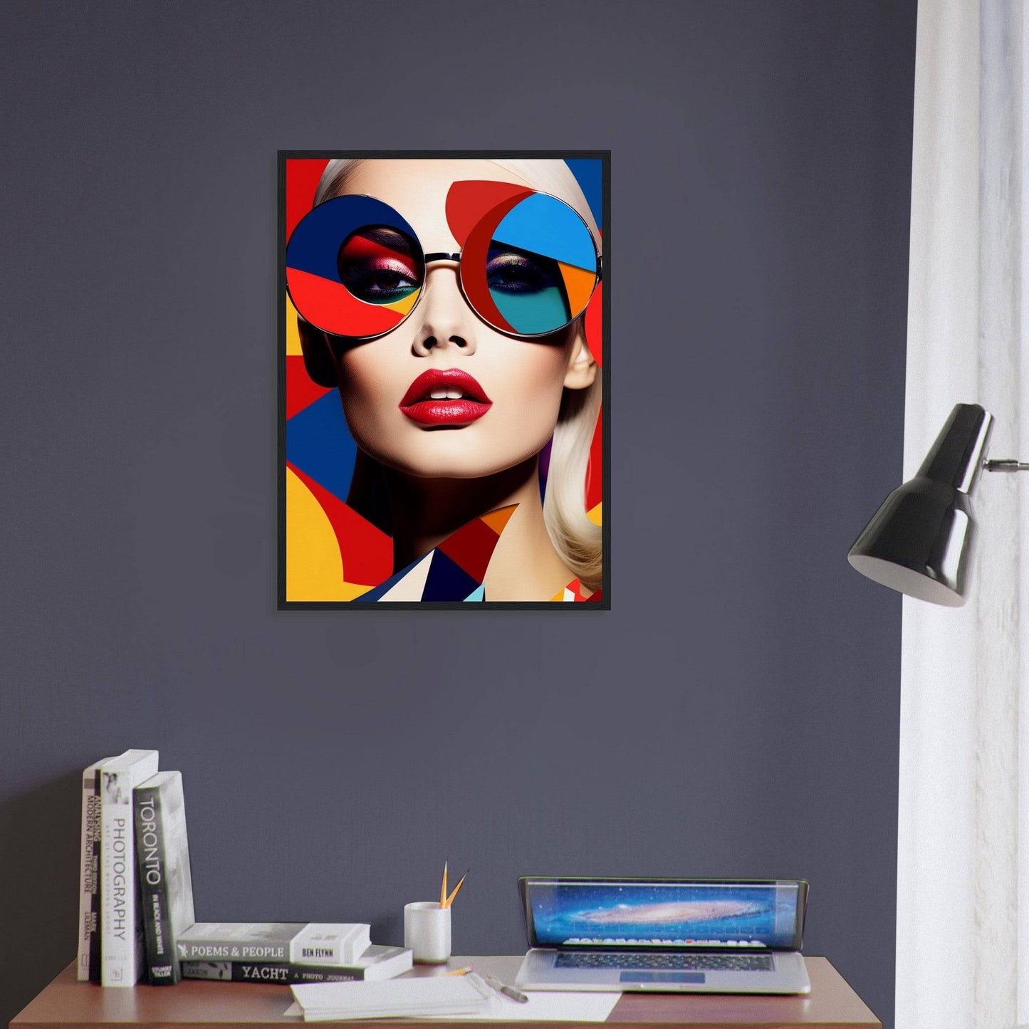 Colorful pop art-style portrait of a woman wearing sunglasses with vibrant red lips.