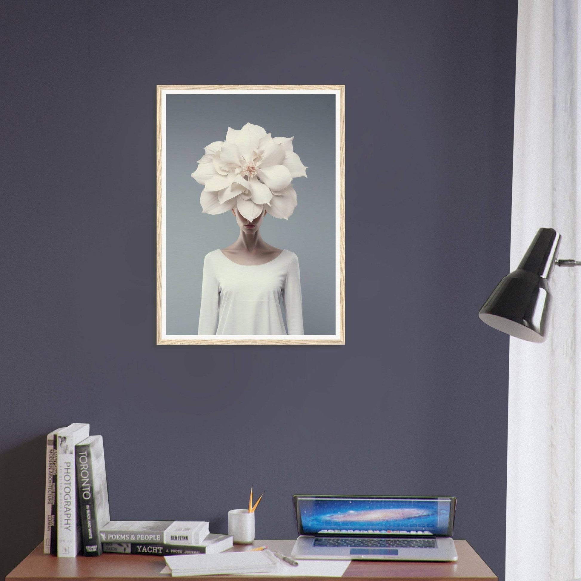 Surrealist portrait featuring a figure with a large white flower in place of a head.