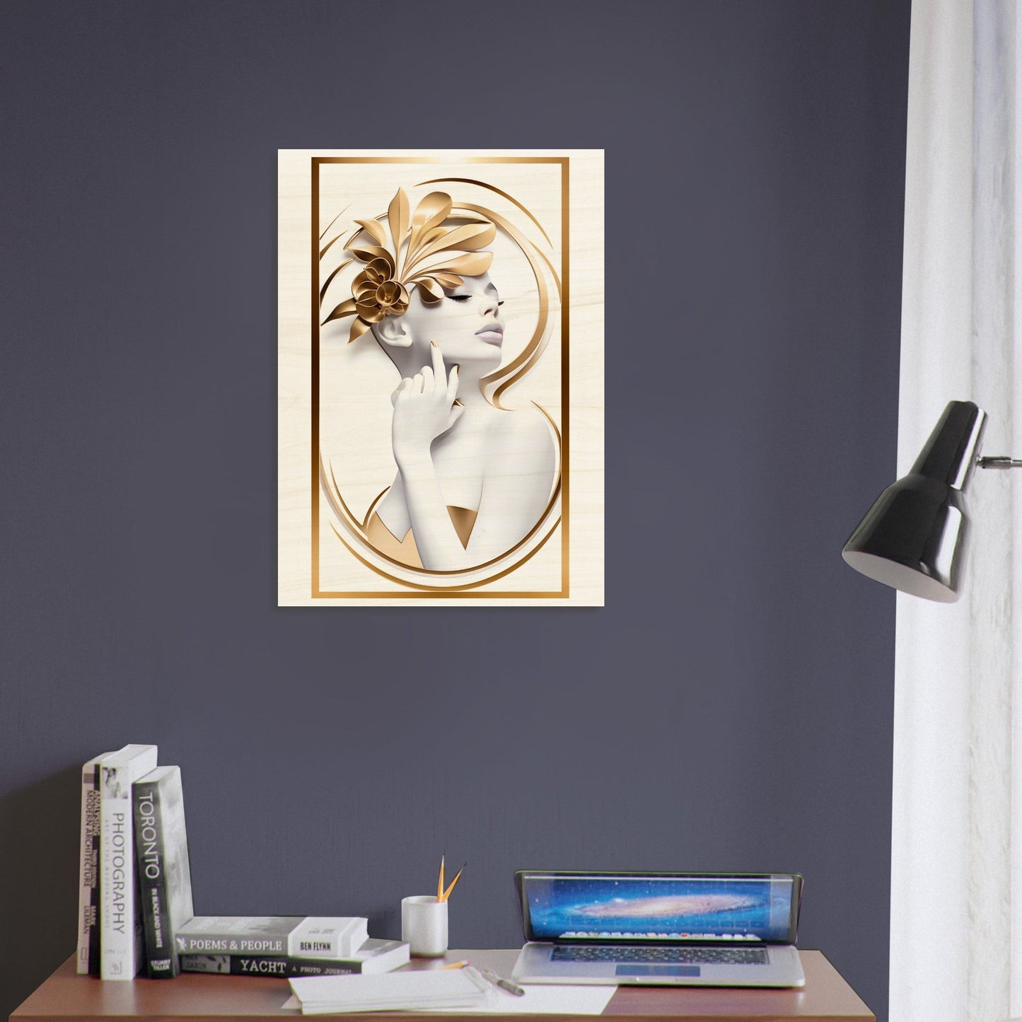 Framed artwork depicting a stylized profile portrait with golden floral elements.