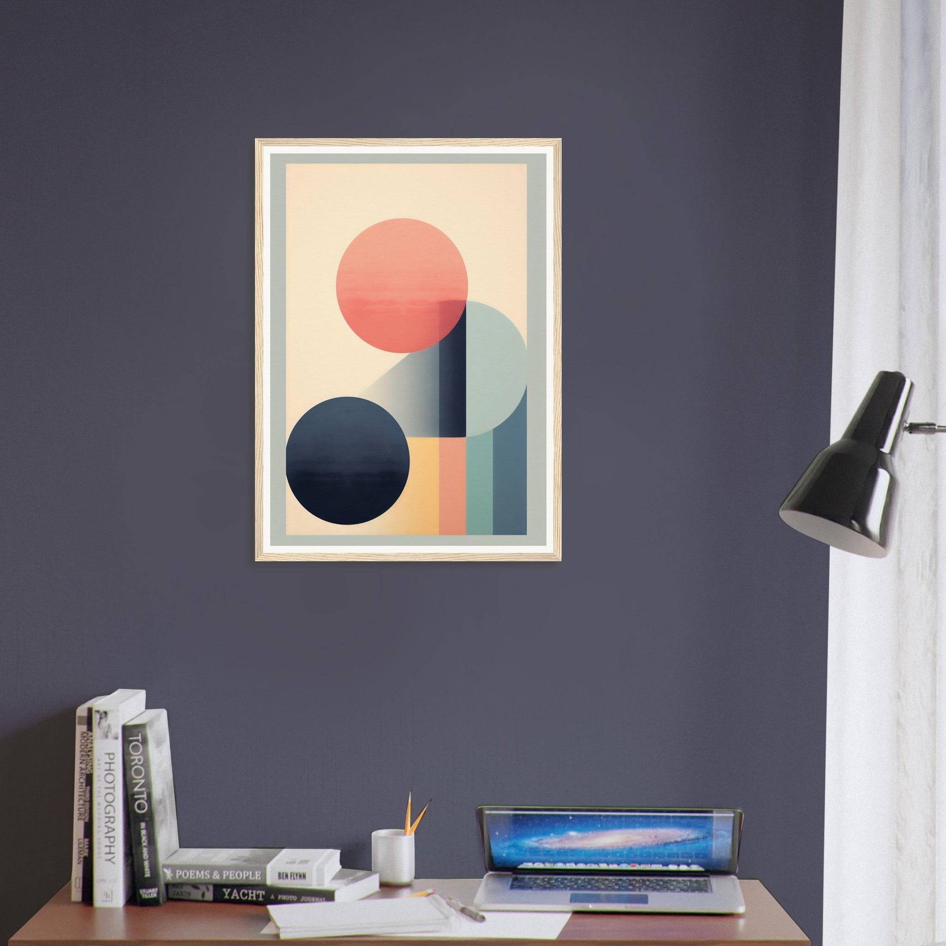 Abstract geometric art print featuring circles and rectangular shapes in muted colors.
