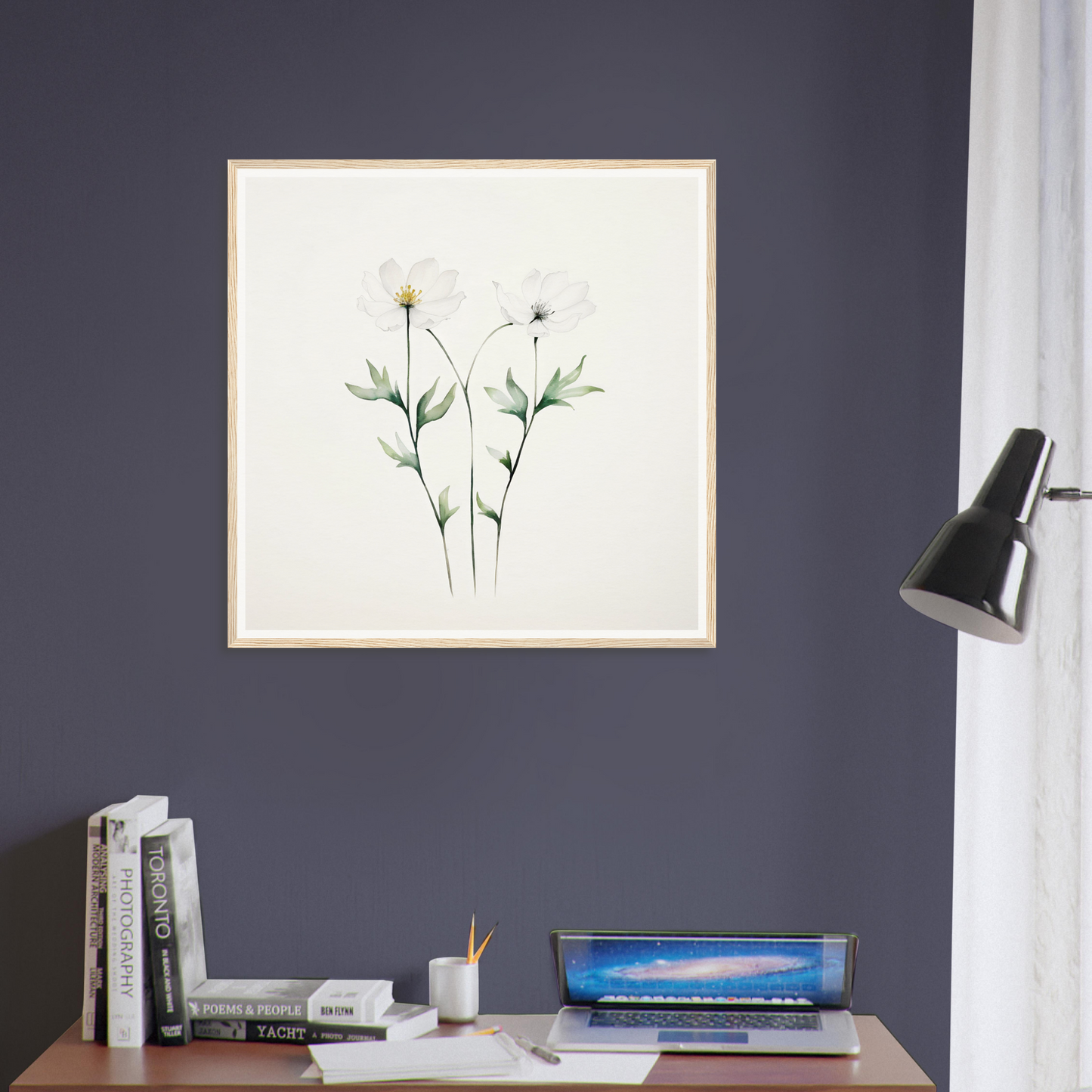 Framed botanical illustration of delicate white flowers with slender stems and leaves.