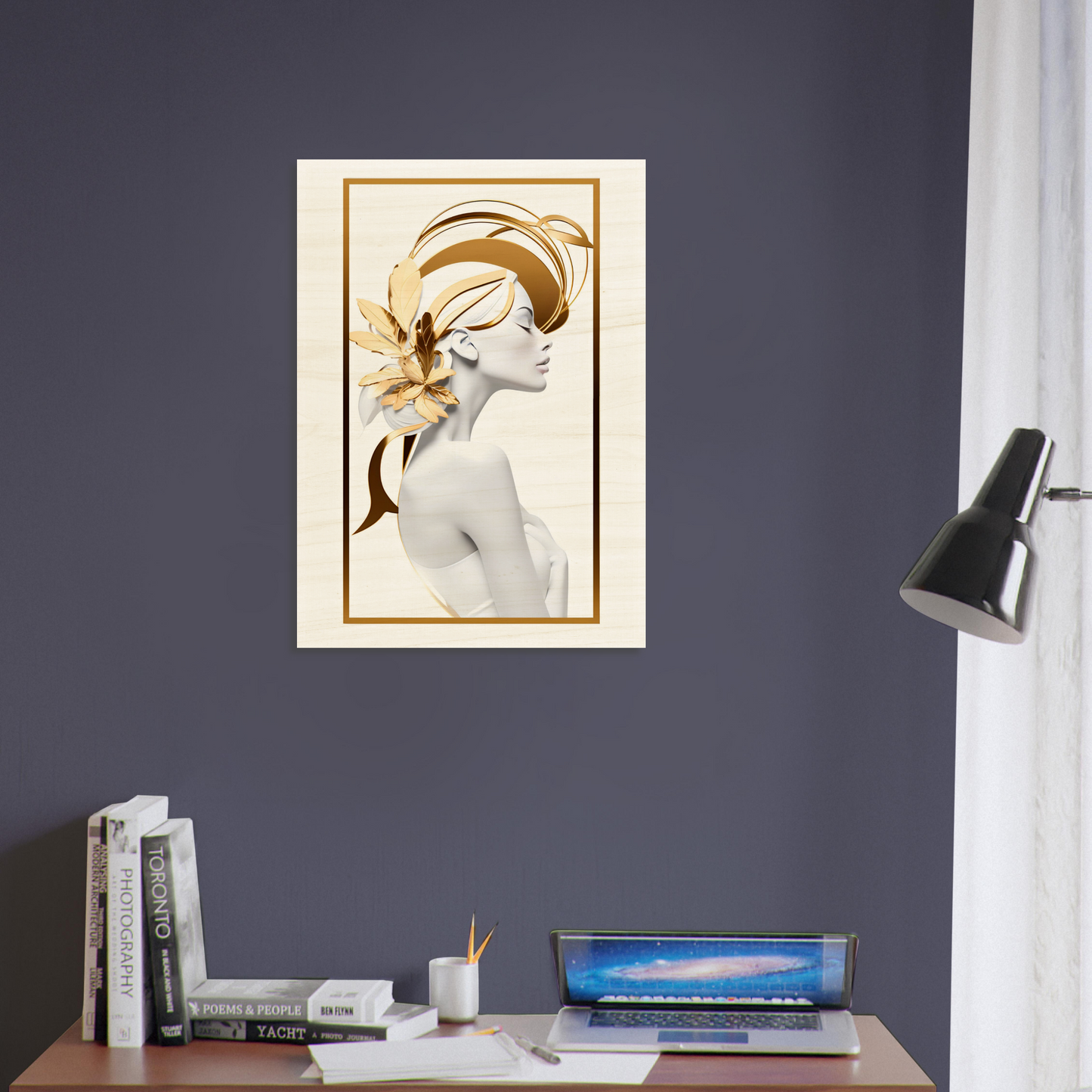 Framed artwork depicting a stylized profile of a woman with golden floral elements.