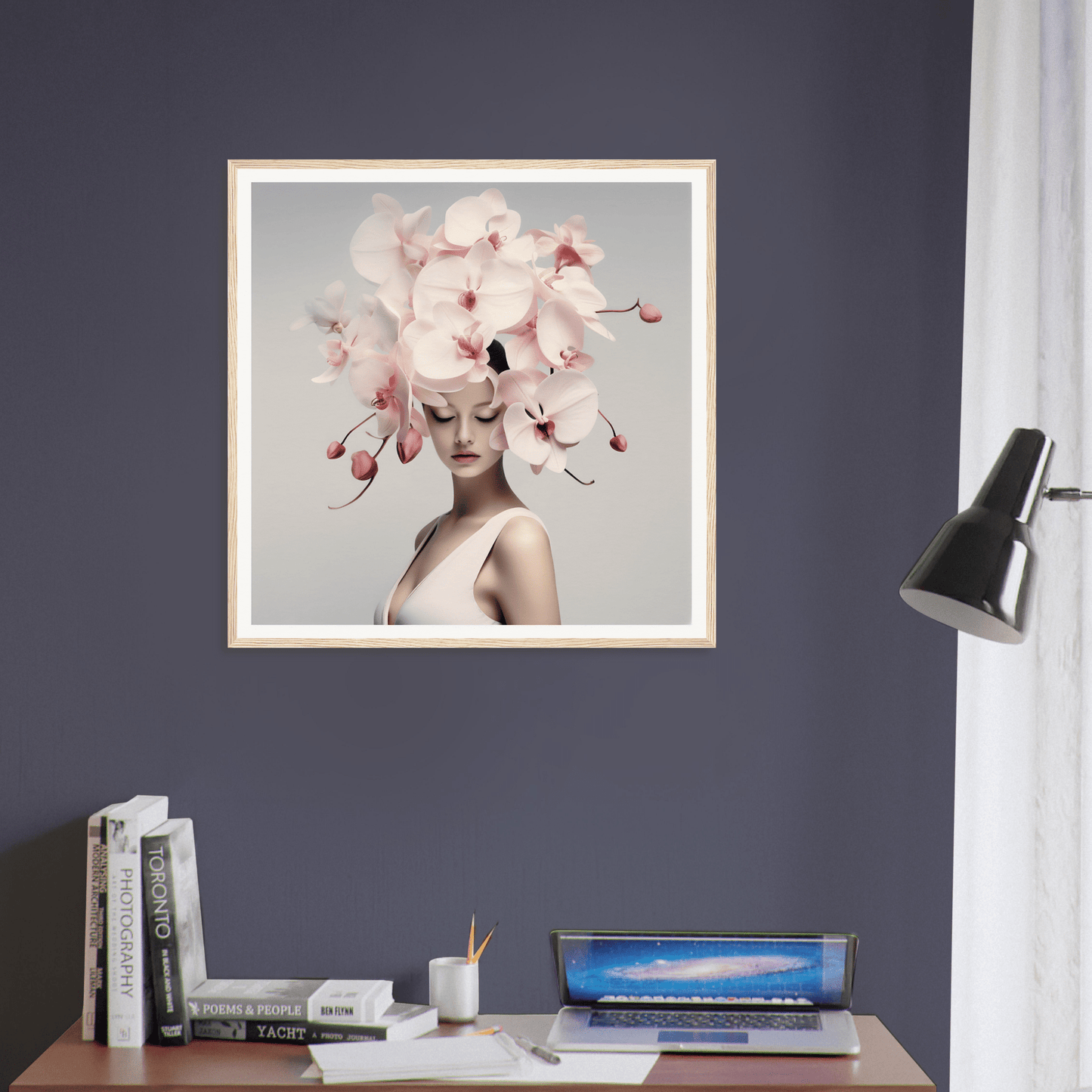 Framed artwork depicting a figure with an elaborate floral headdress of pink orchids.