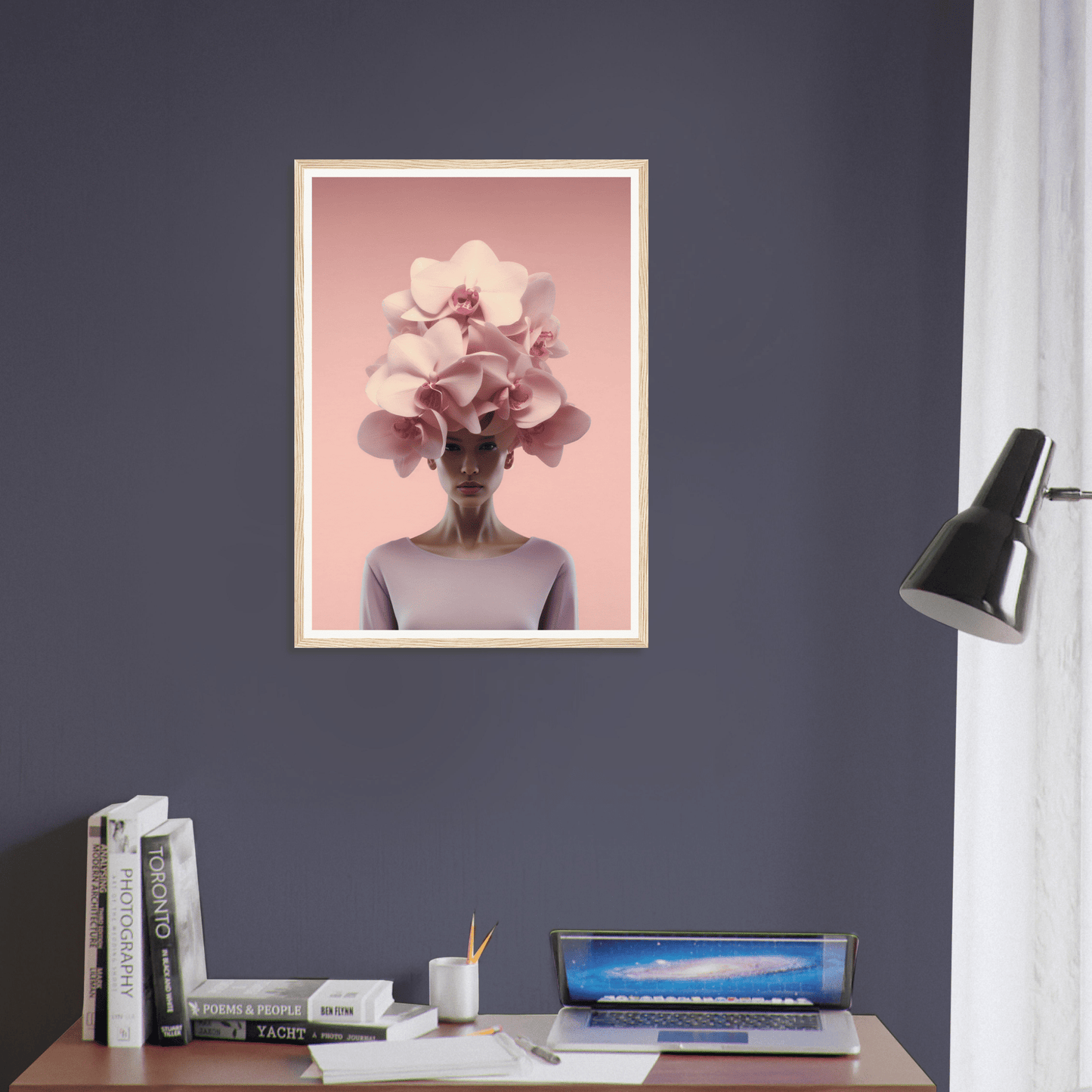 Framed surrealist artwork depicting a figure with orchid blossoms in place of a head.