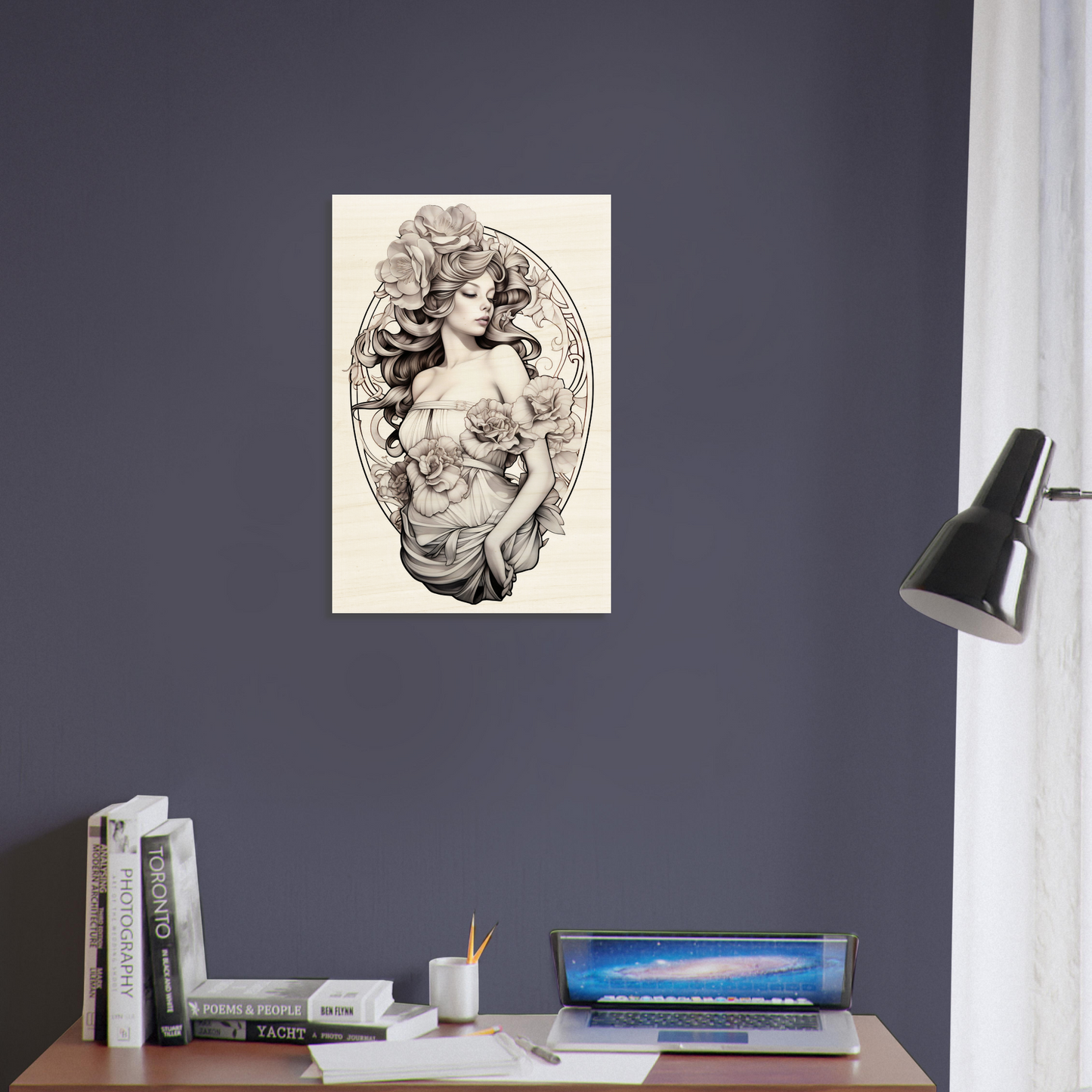 Vintage-style illustration of a woman with flowing hair in an ornate oval frame.