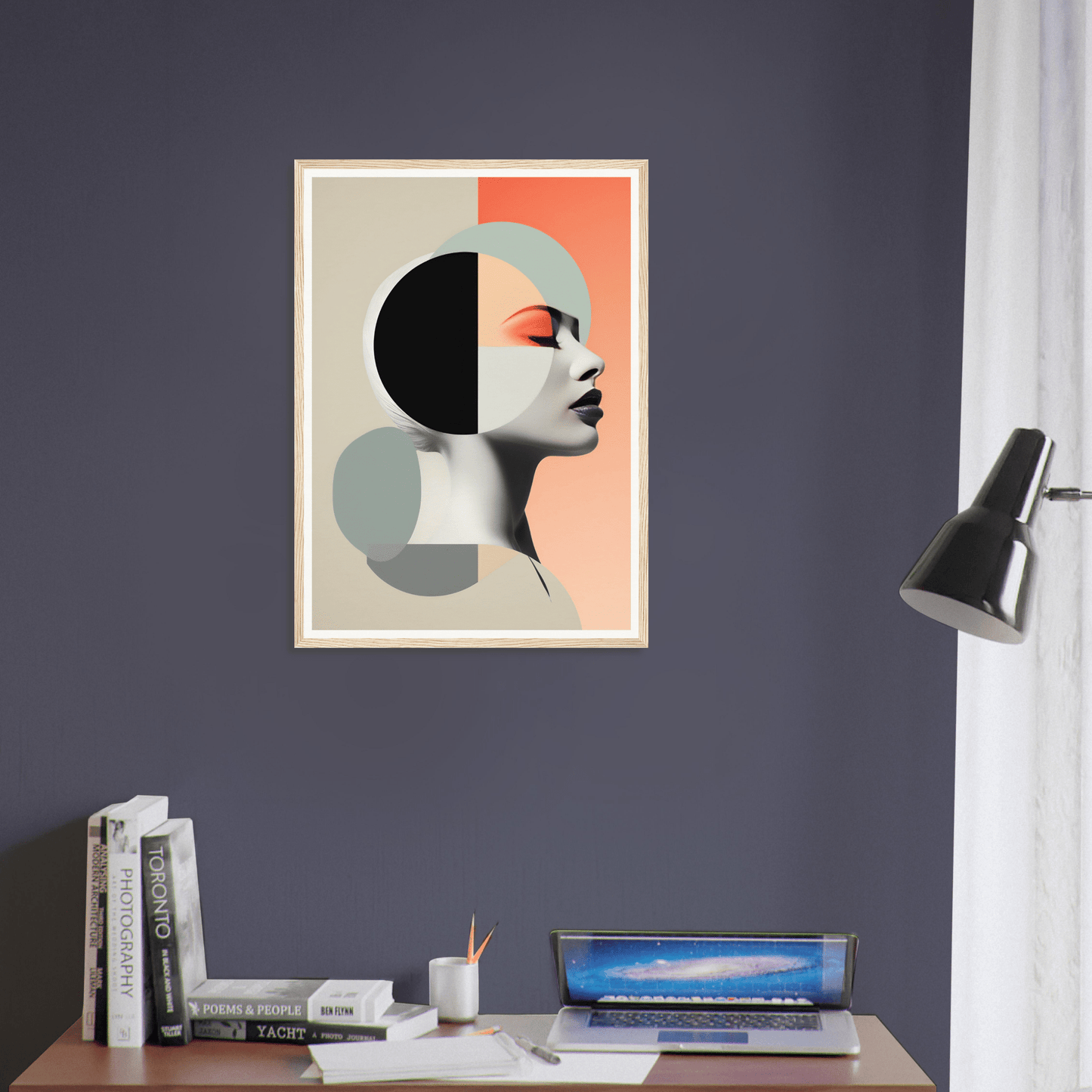 Abstract geometric portrait artwork featuring a stylized profile view in muted colors.