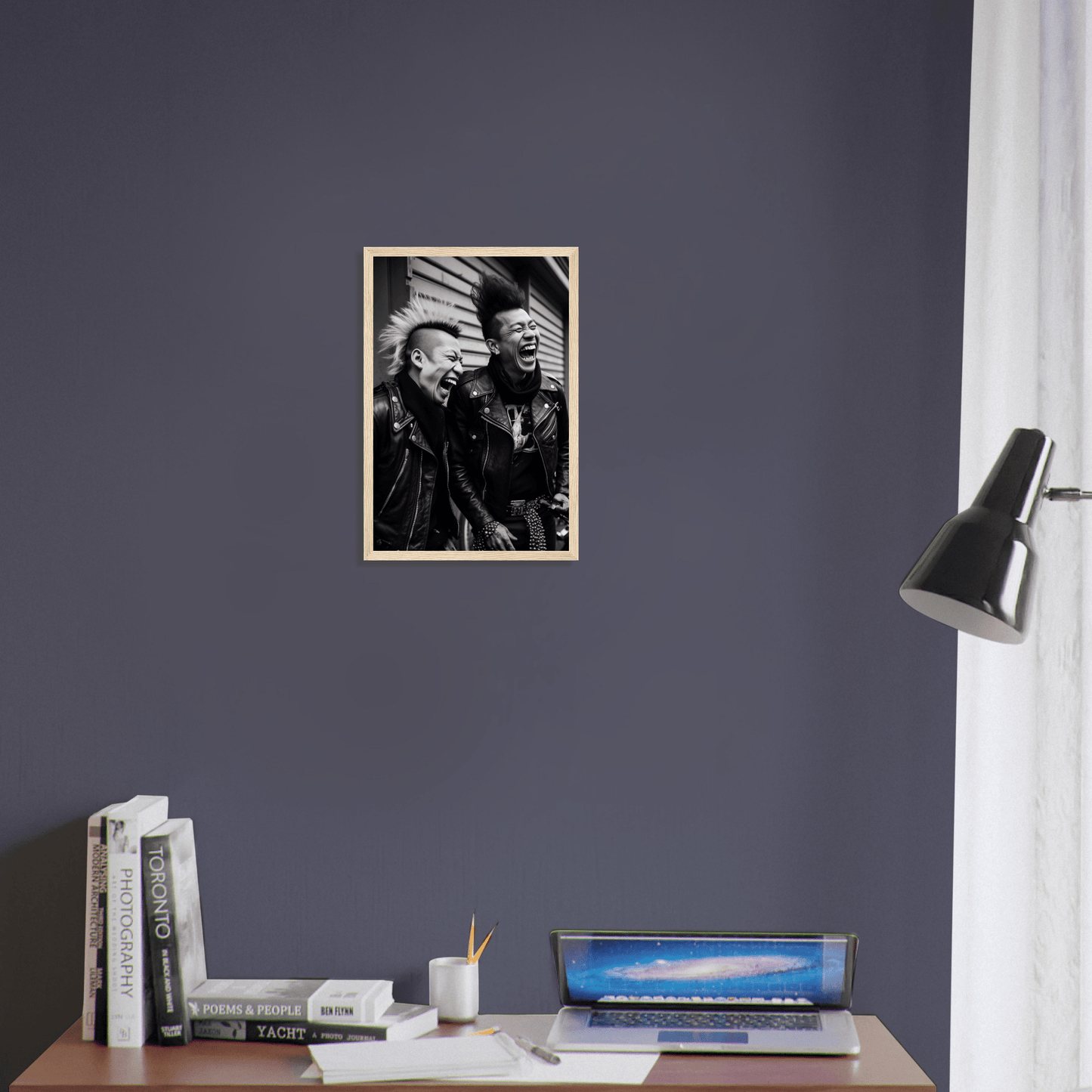 Framed black and white photograph of two people in close proximity.