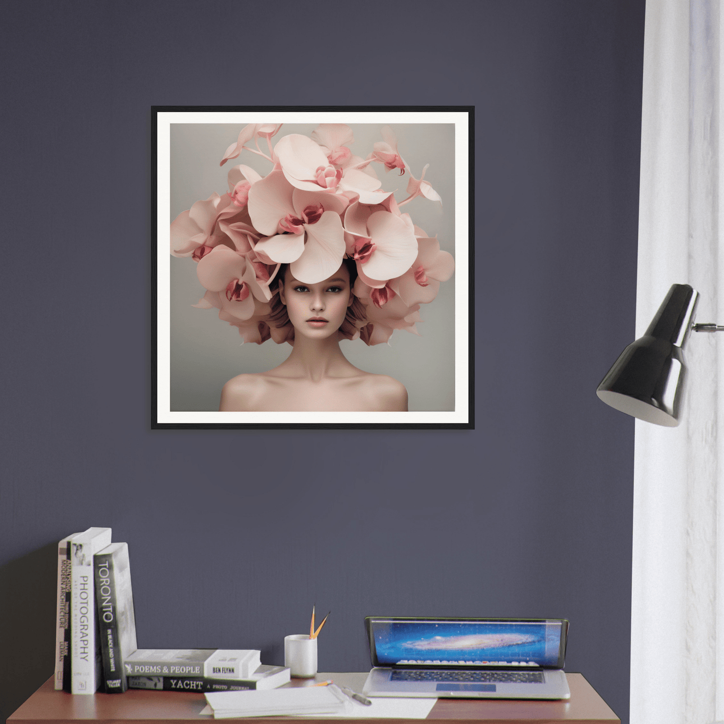 Framed artwork featuring a person wearing an elaborate floral headdress of pink petals.