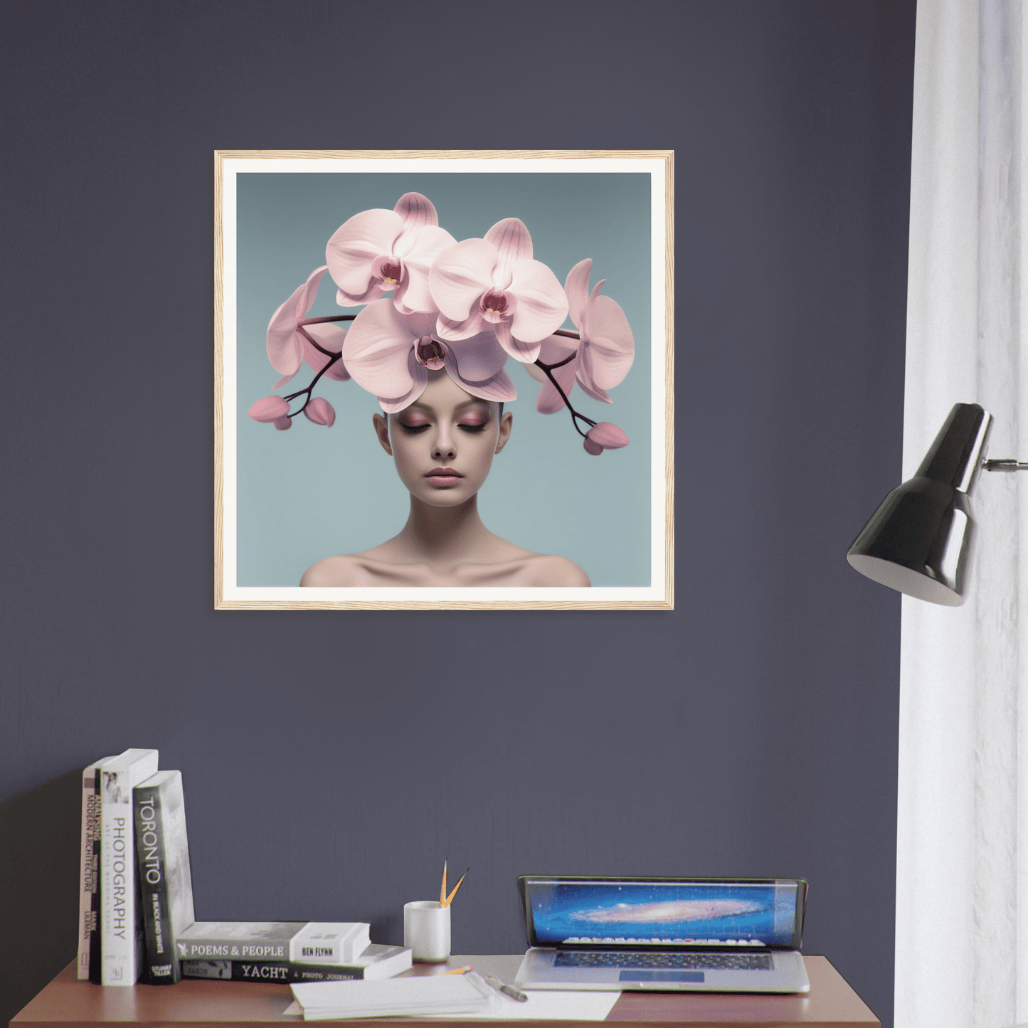Framed artwork featuring a person wearing an elaborate orchid headdress.