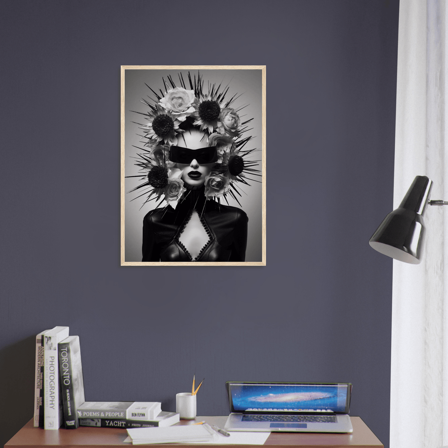 Striking black and white portrait of a figure wearing sunglasses with an elaborate spiked headdress of flowers and thorns.