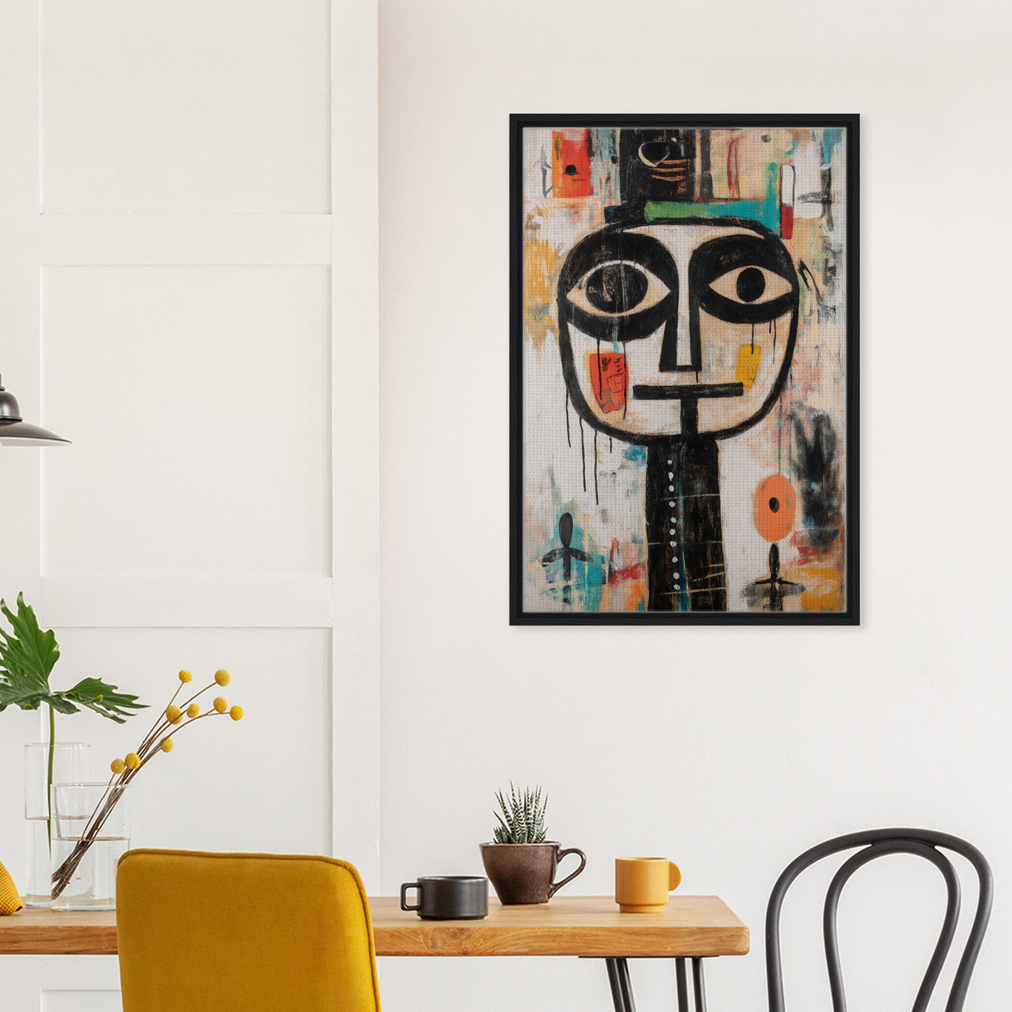 Abstract portrait painting with bold geometric features in a black frame for totemic psychedelic contemplation
