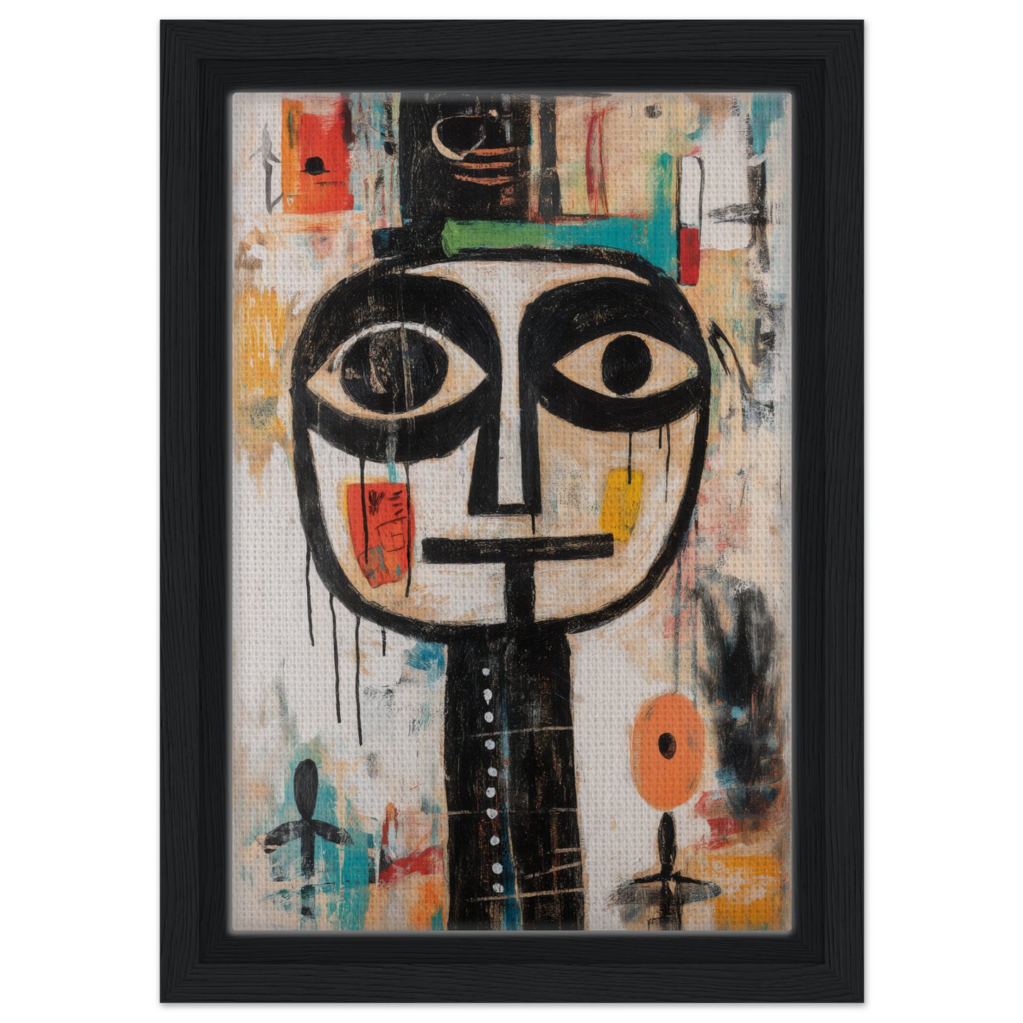 Stylized abstract face with large eyes in Totemic Psychedelic Contemplation framed canvas print