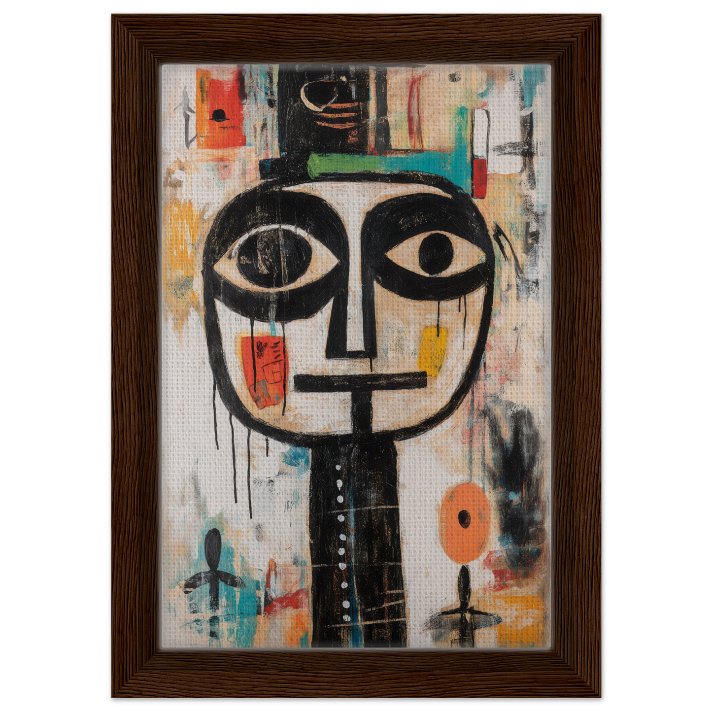 Stylized abstract face in black on colorful background for Totemic Psychedelic Contemplation