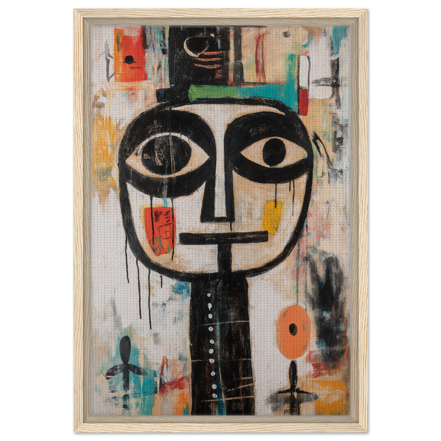 Stylized face with large eyes on colorful abstract background, Totemic Psychedelic Contemplation