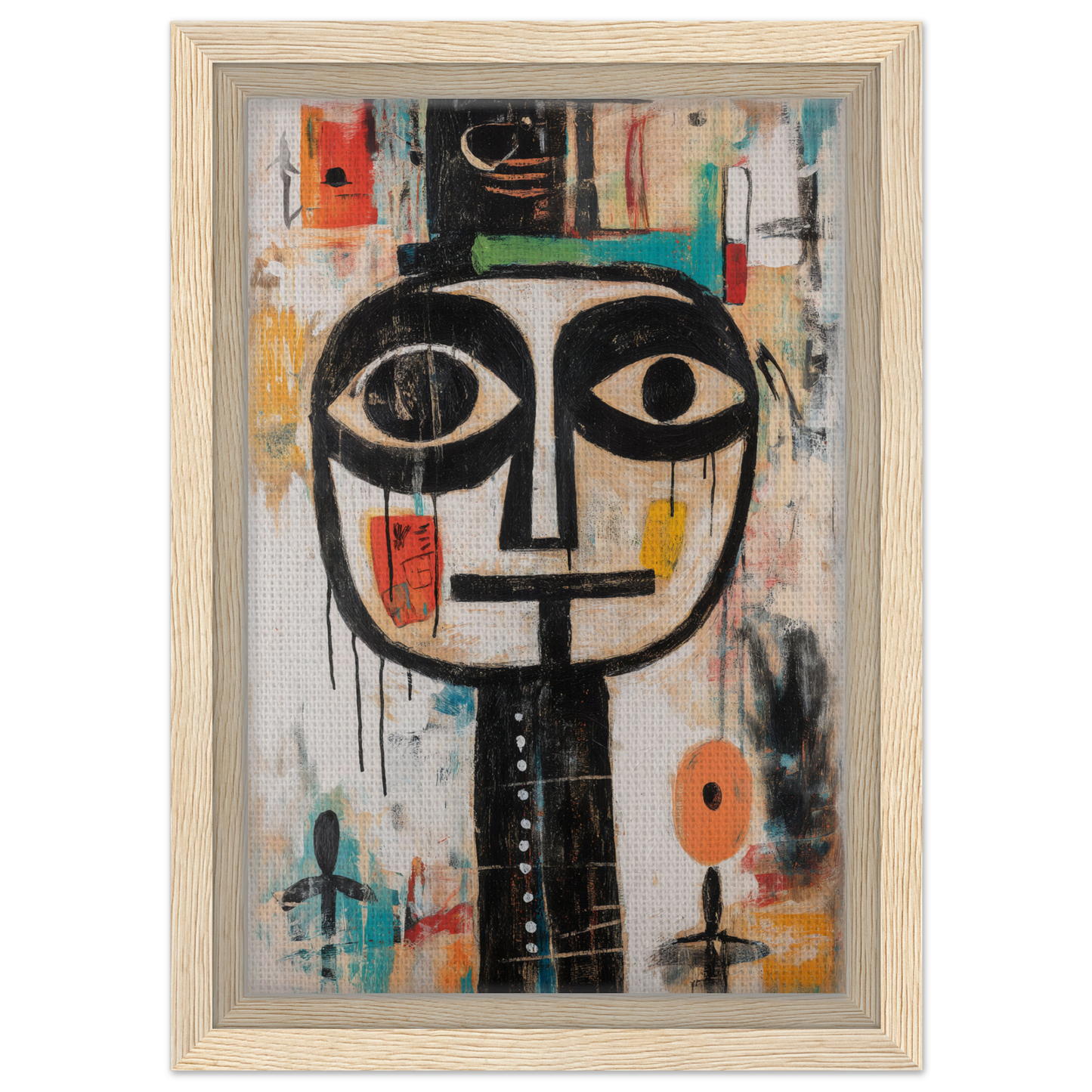Stylized abstract face with large eyes in black, part of Totemic Psychedelic Contemplation room decor