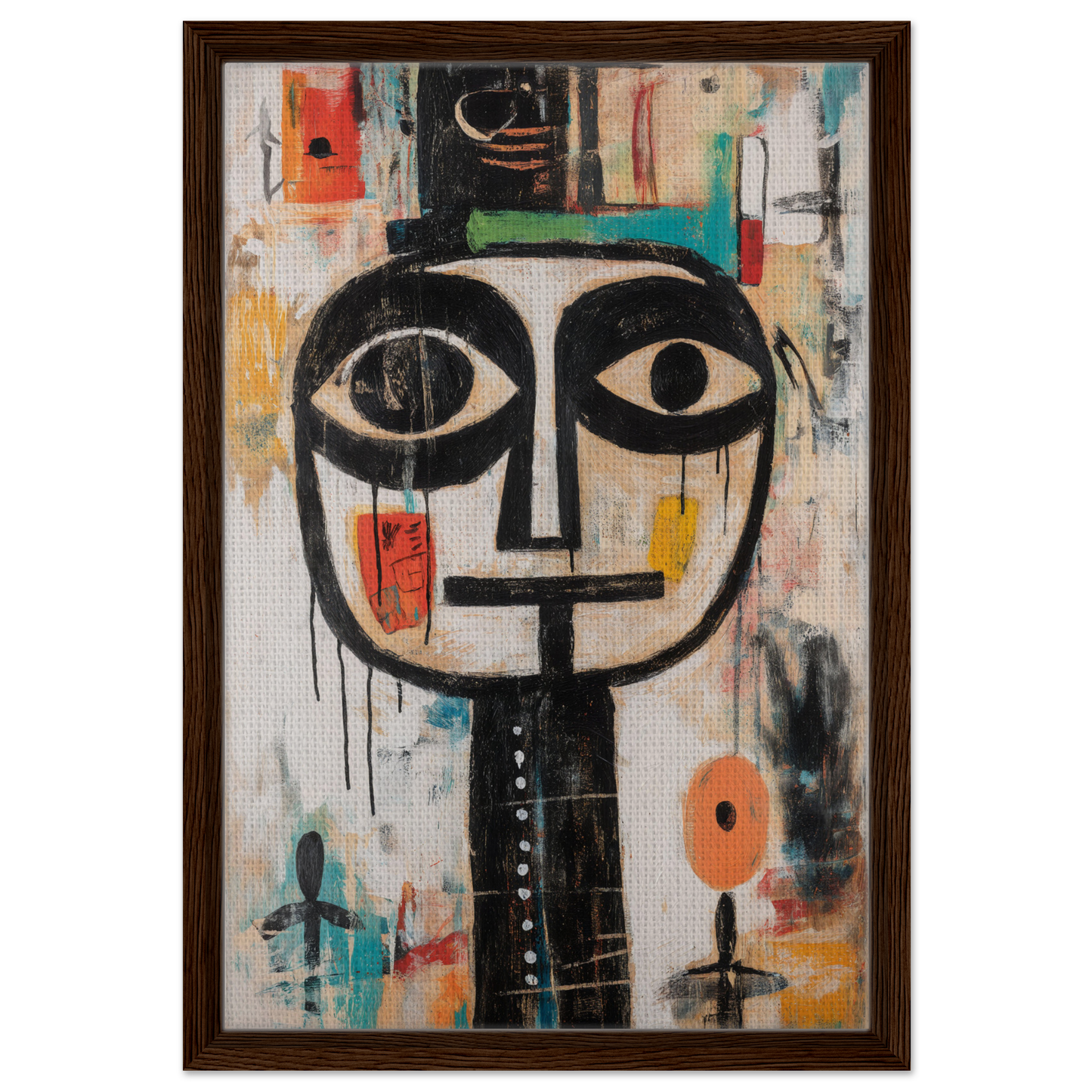 Stylized face with large eyes on colorful background from Totemic Psychedelic Contemplation