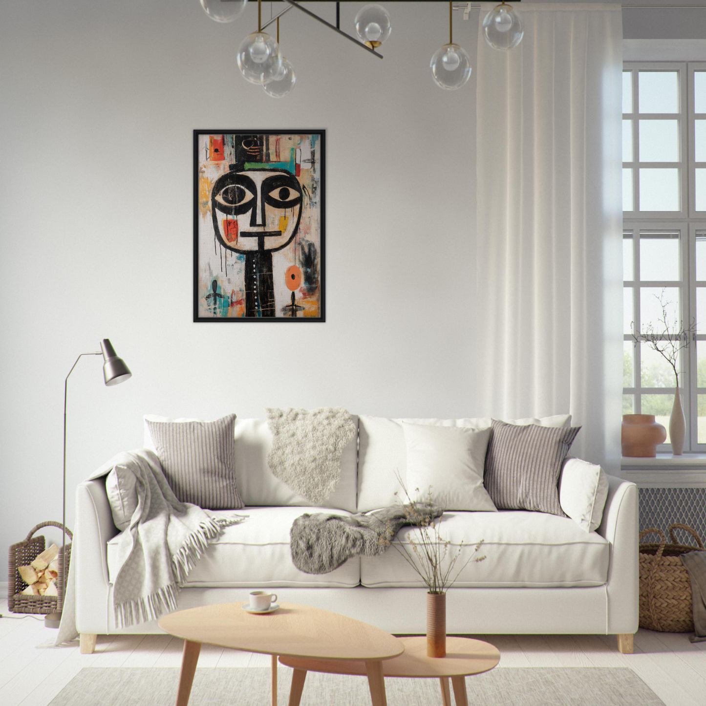 White sofa adorned with throw pillows and blankets, perfect for Totemic Psychedelic Contemplation room decor