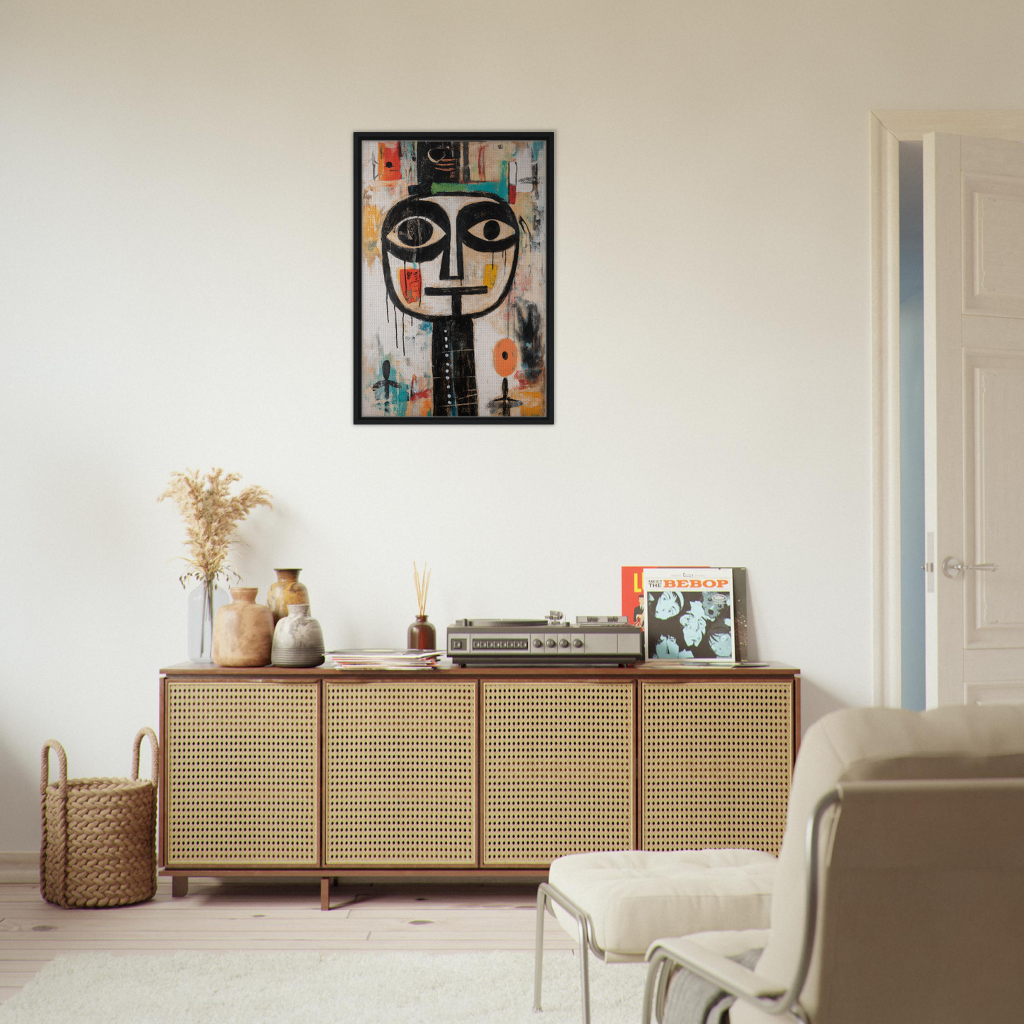 Wooden sideboard with cane-webbed doors, art, and vases for Totemic Psychedelic Contemplation