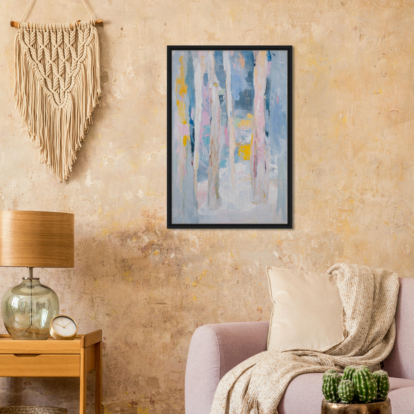 Framed abstract painting in pastel colors for tranquil chromatic reverie room decor