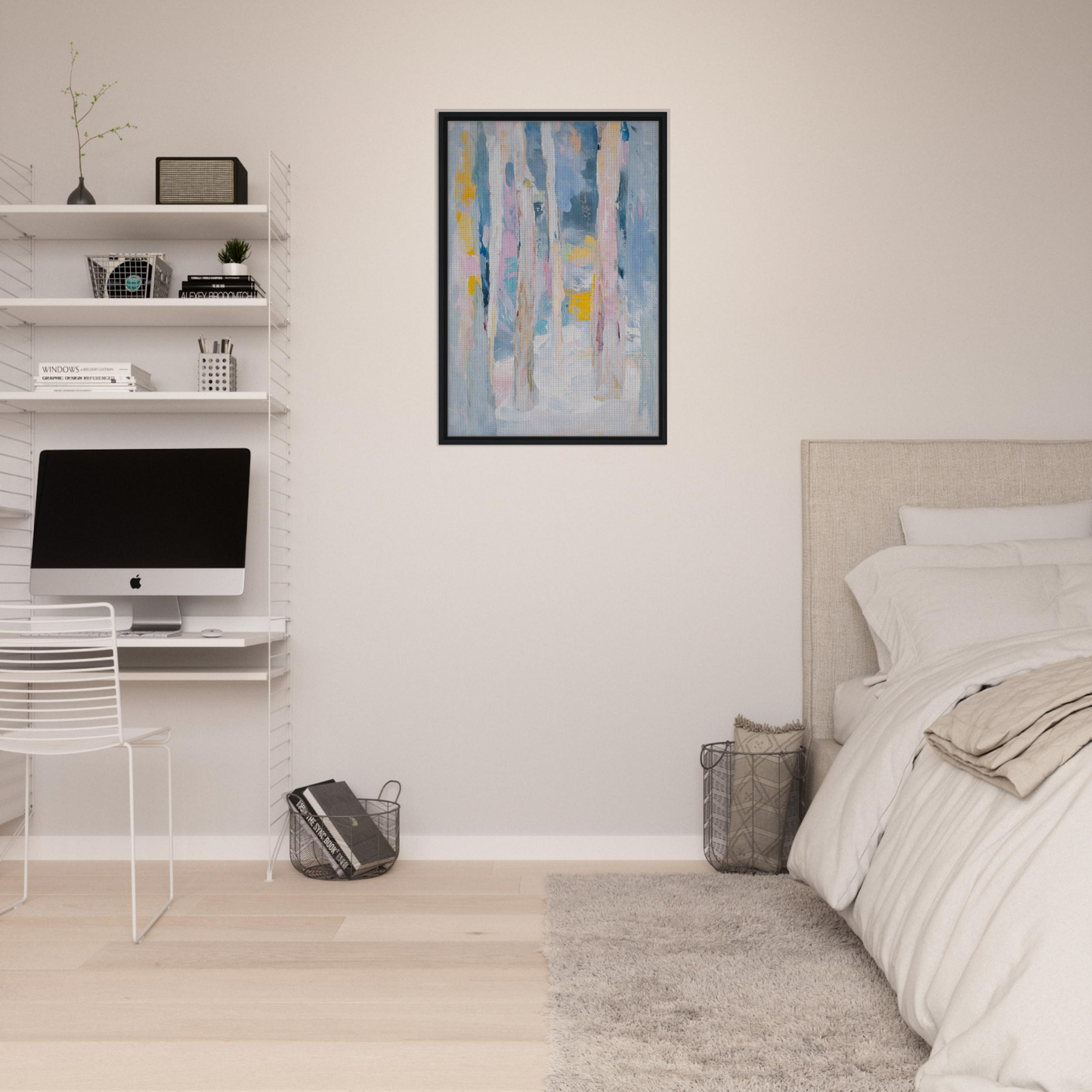 Modern bedroom featuring Tranquil Chromatic Reverie framed canvas print as focal point