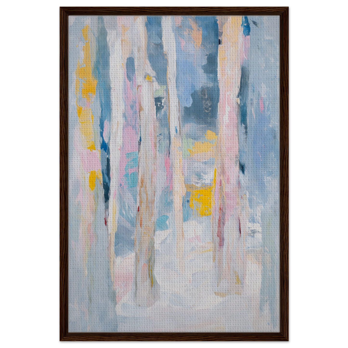 Abstract painting with vertical brushstrokes in pastel blues, pinks, and yellows for Tranquil Chromatic Reverie