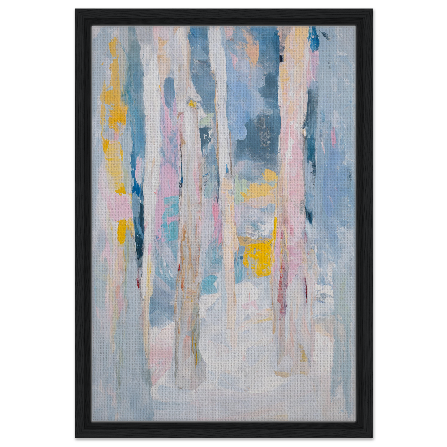 Abstract painting with vertical brushstrokes in soft pastels for Tranquil Chromatic Reverie room decor