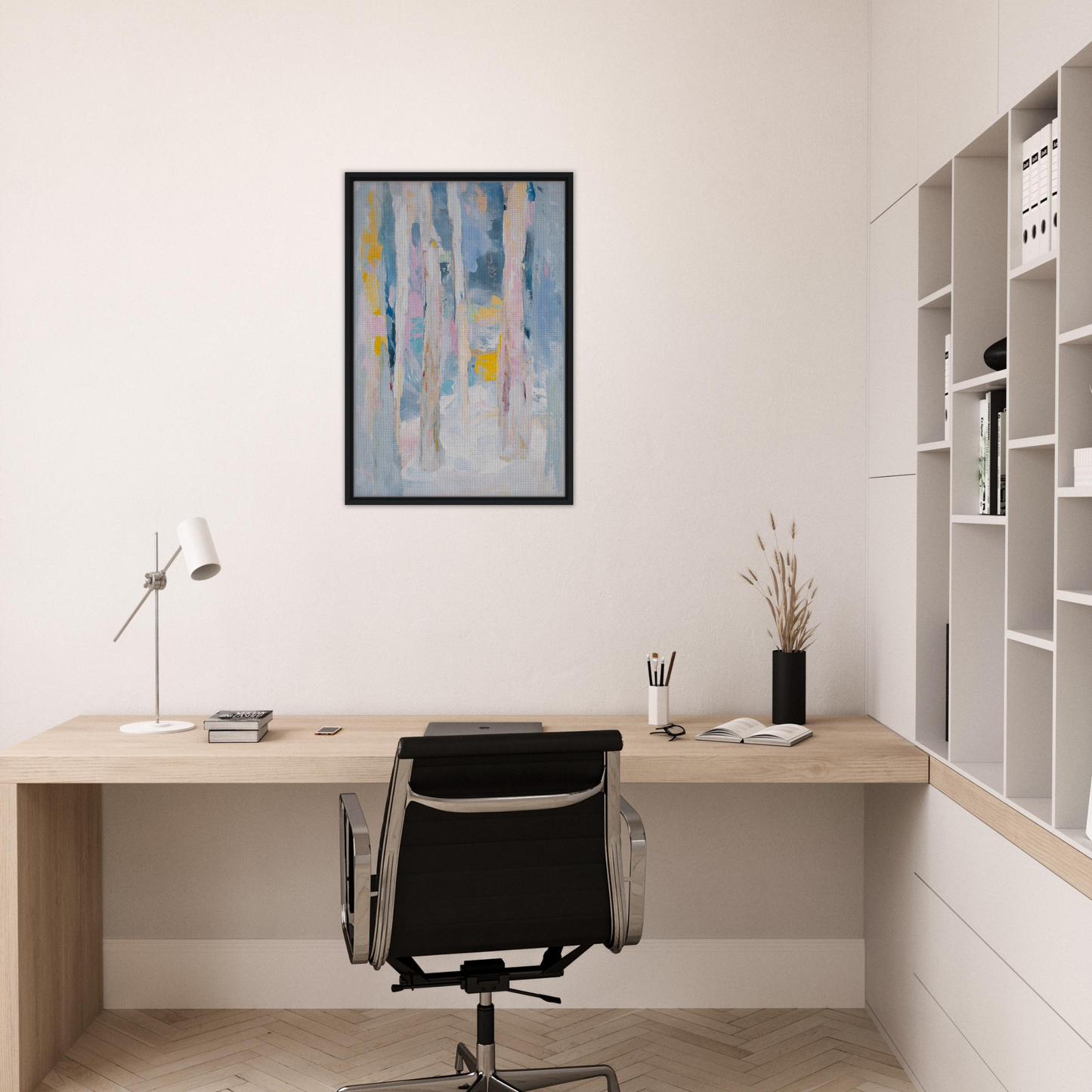 Minimalist home office workspace featuring Tranquil Chromatic Reverie room decor