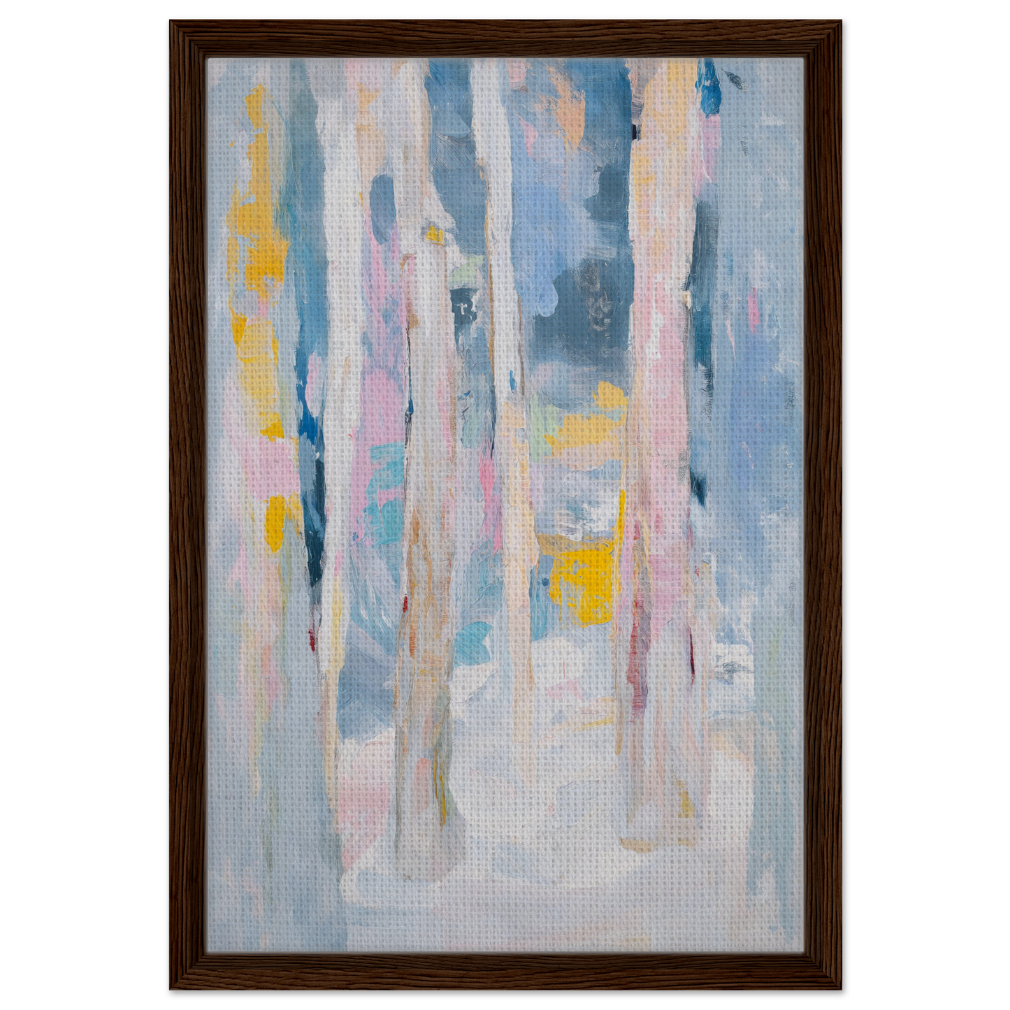 Abstract painting with vertical brushstrokes in pastel colors, framed canvas print Tranquil Chromatic Reverie