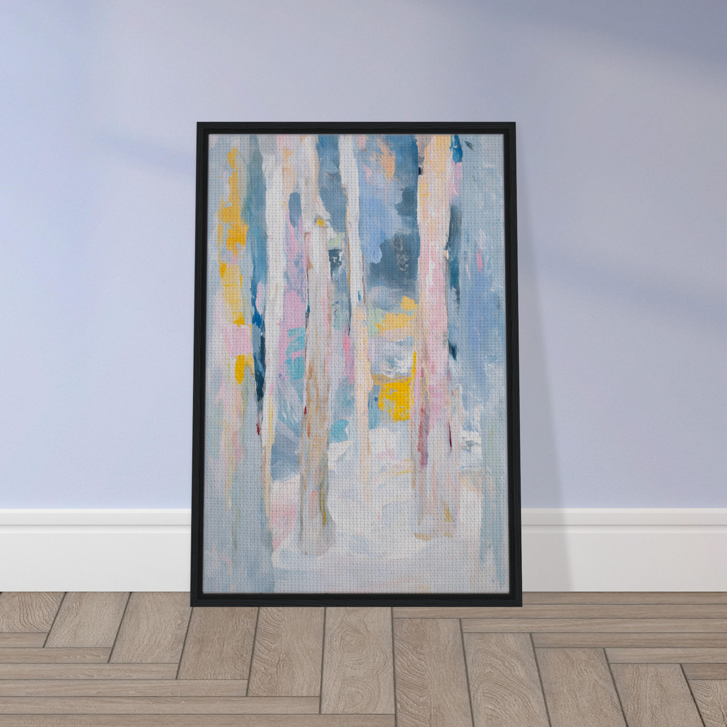 Framed abstract painting with vertical brushstrokes in pastel colors for Tranquil Chromatic Reverie room decor