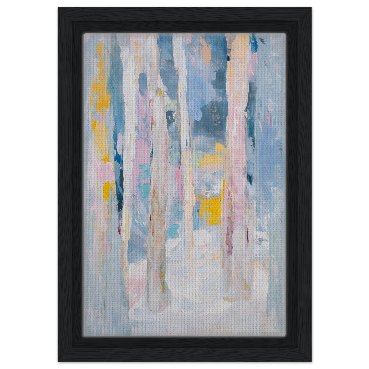 Abstract painting with vertical brushstrokes in pastel colors, Tranquil Chromatic Reverie framed canvas print