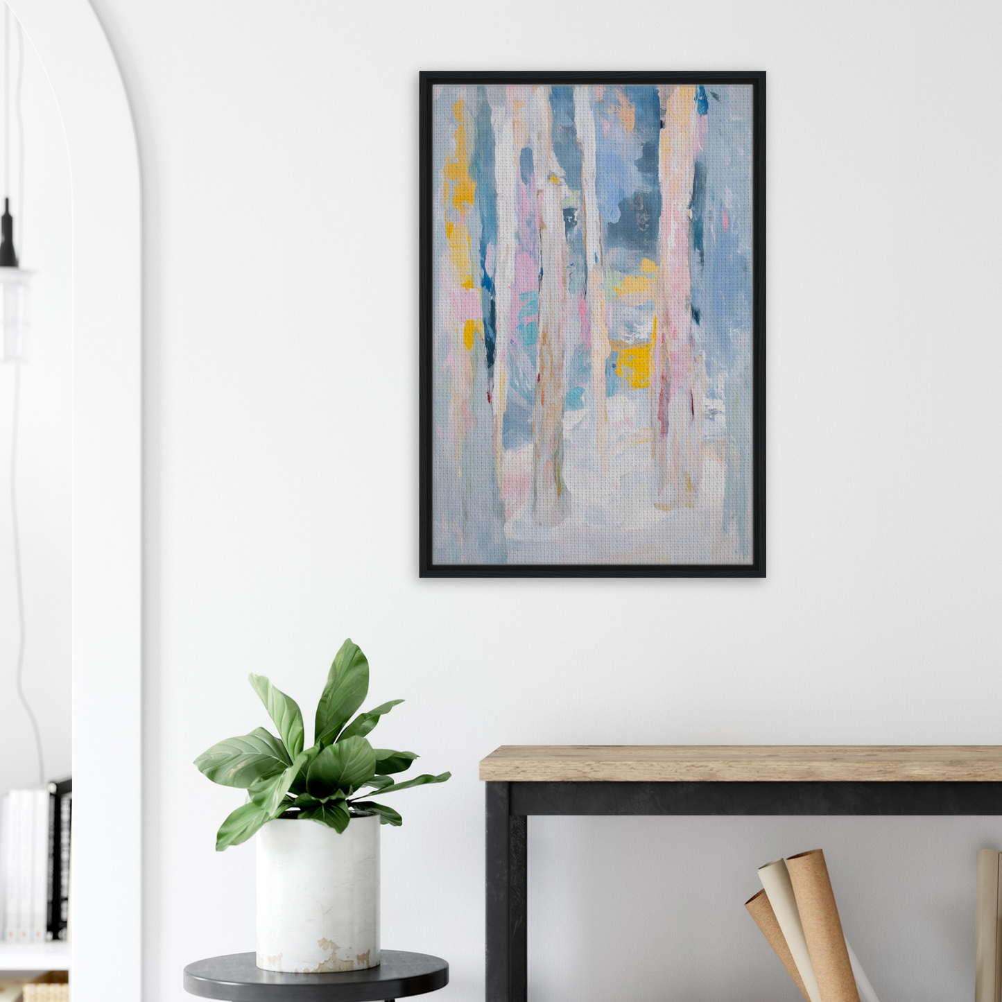 Abstract painting in blue, yellow, and white, part of Tranquil Chromatic Reverie room decor