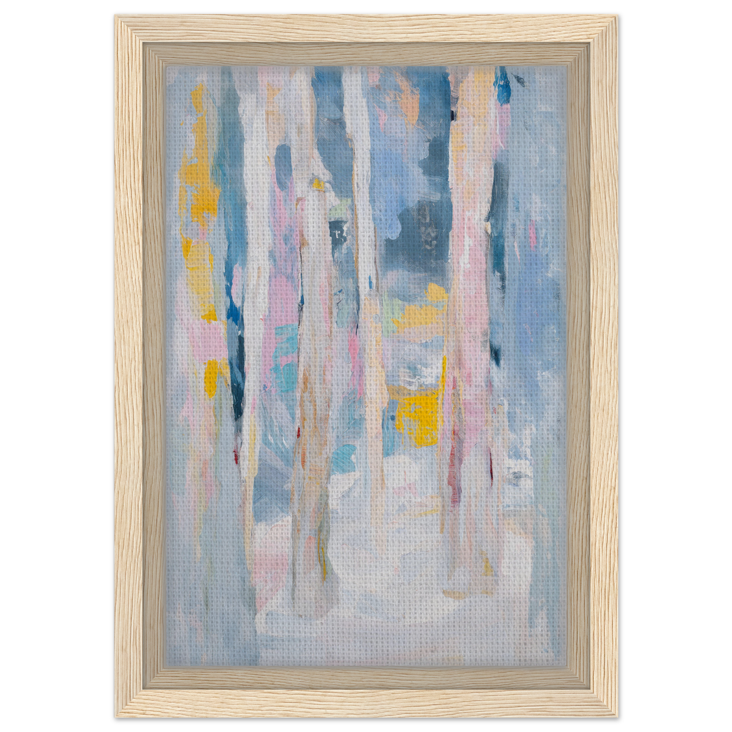 Abstract painting in soft blues, pinks, and yellows for tranquil chromatic reverie room decor