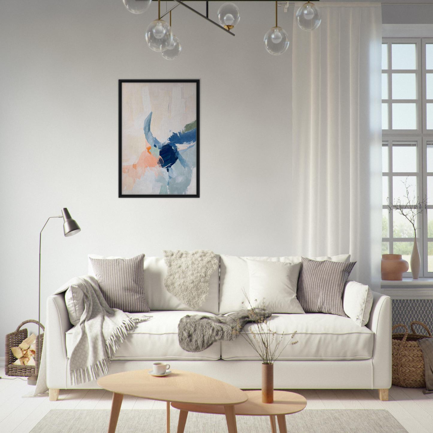 White sofa adorned with throw pillows and blankets from Tranquil Teal Tempest room decor