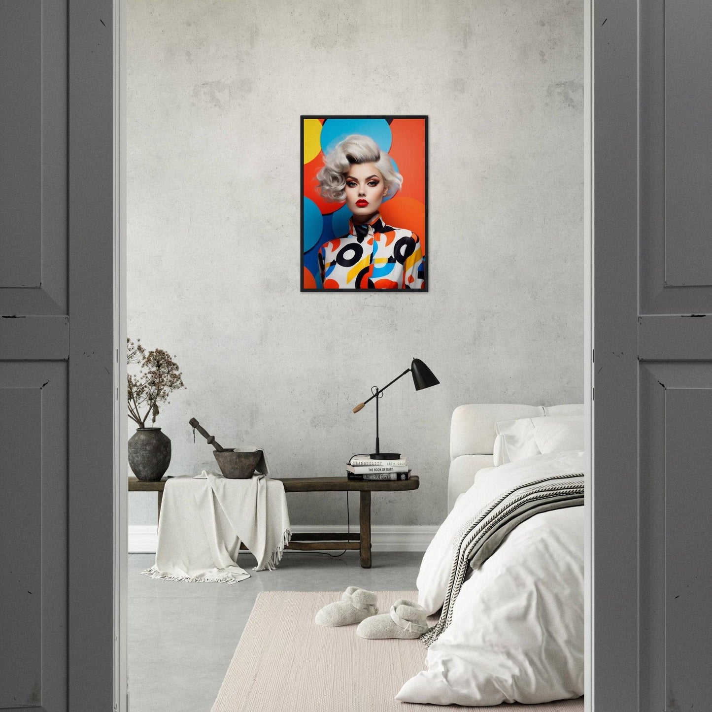 Colorful pop art-style portrait of a woman with blonde hair against a vibrant background.