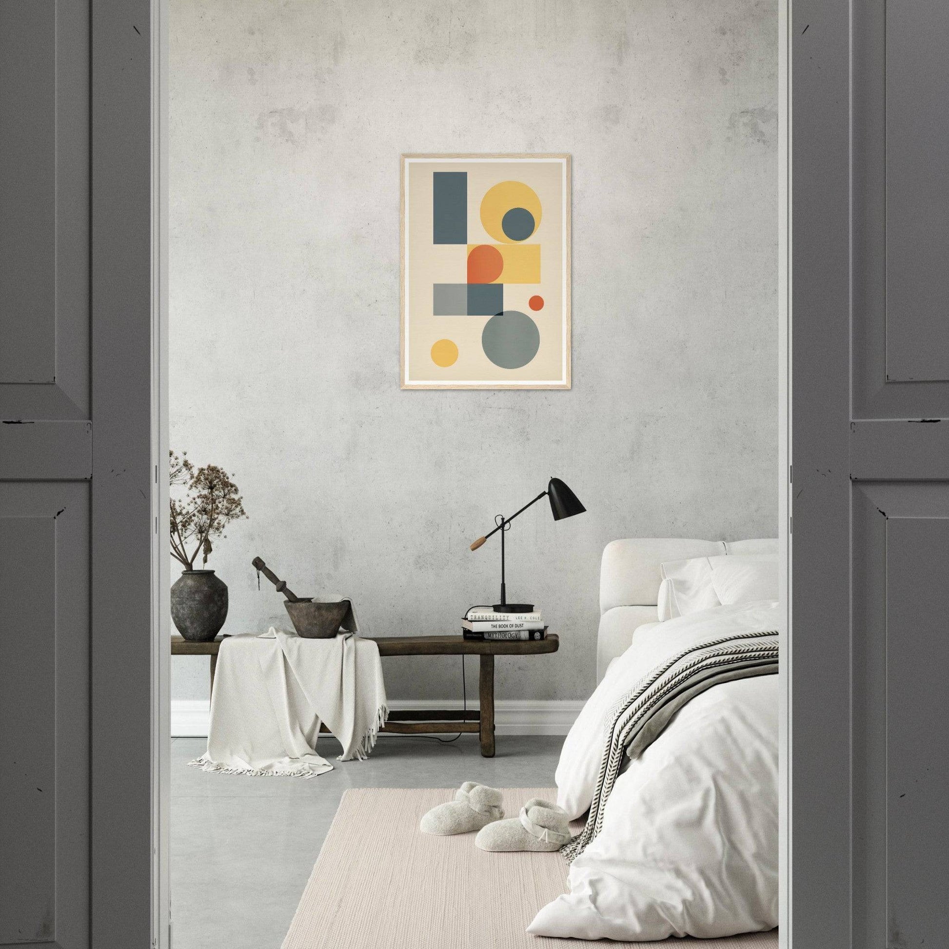 Minimalist bedroom with a geometric abstract artwork as the focal point.