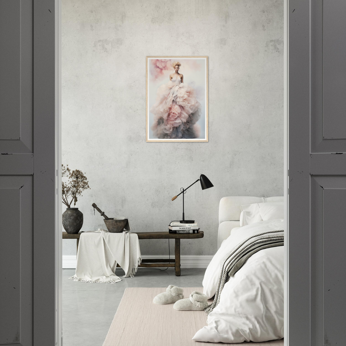 Minimalist bedroom with a framed artwork of a ballerina on the wall.