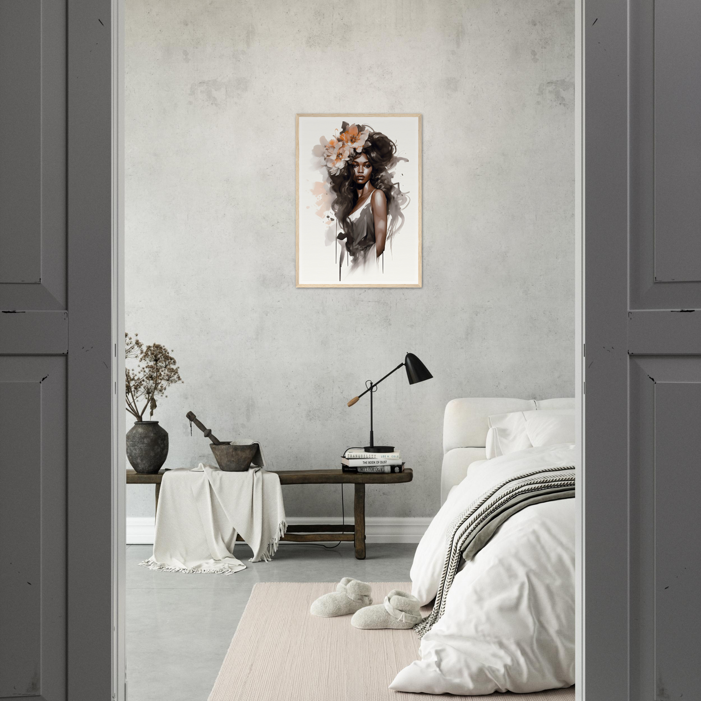 Minimalist bedroom with a striking portrait artwork as the focal point.