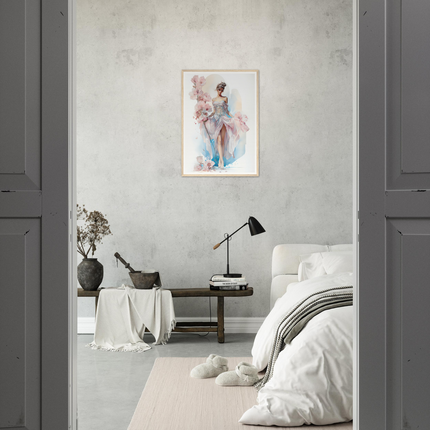Bedroom with minimalist decor featuring a framed watercolor painting of a figure in pastel colors on the wall.