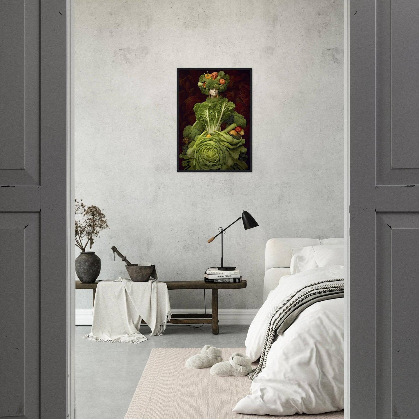 Minimalist bedroom with a striking green portrait painting as the focal point on the wall.