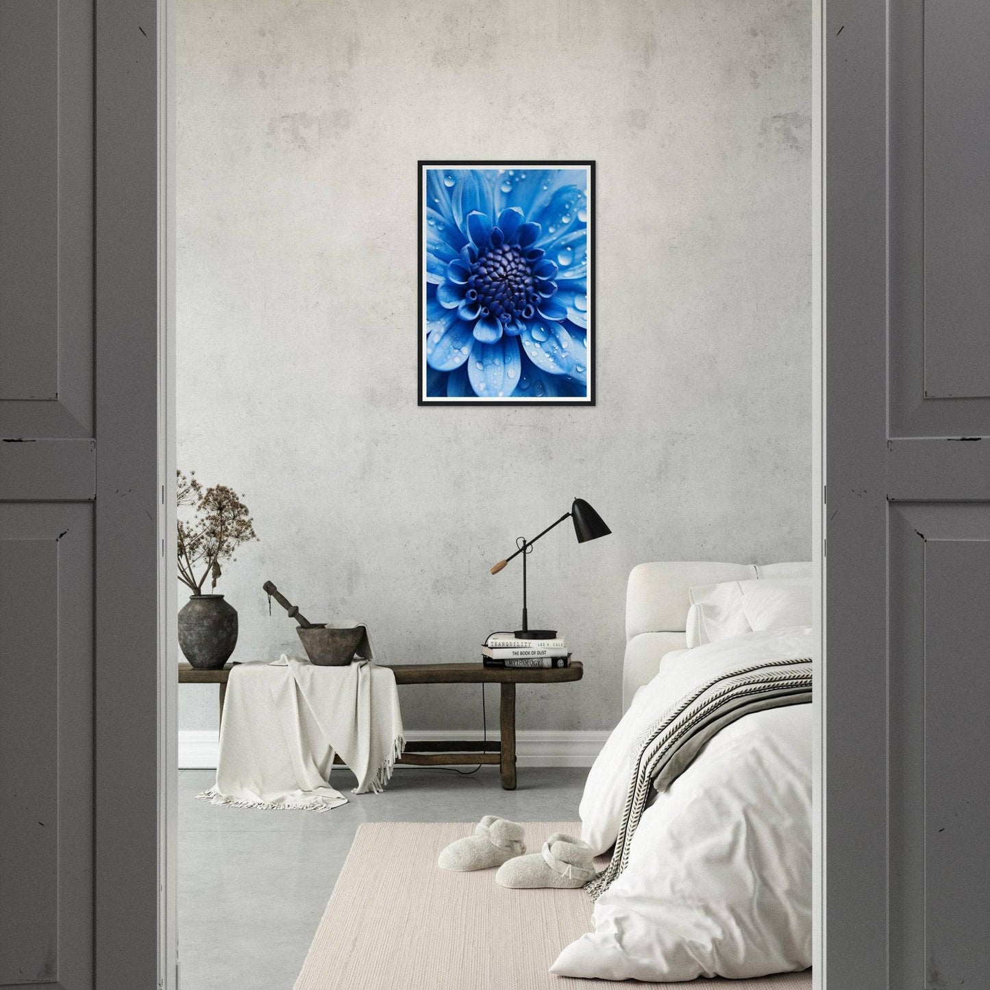 Framed close-up photograph of a vibrant blue flower with intricate petals.