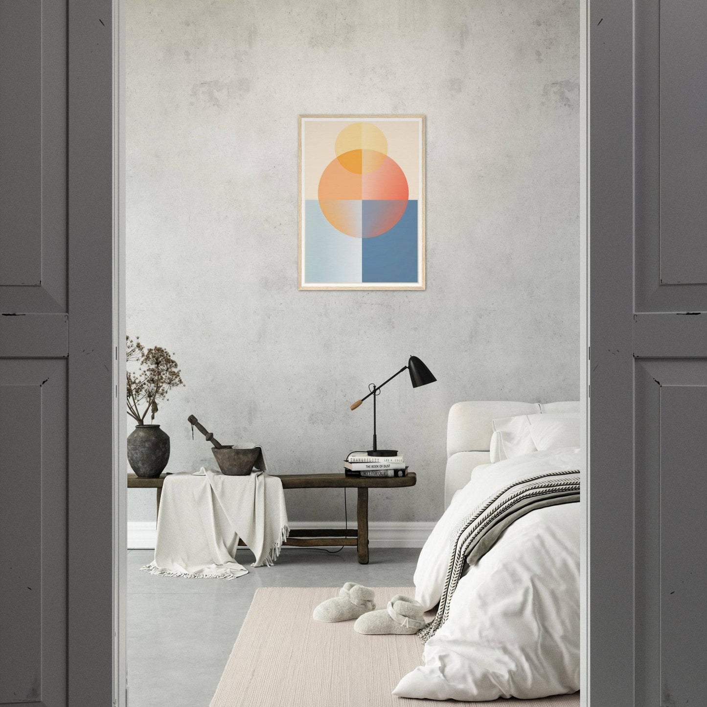 Minimalist bedroom with a geometric abstract artwork on the wall.