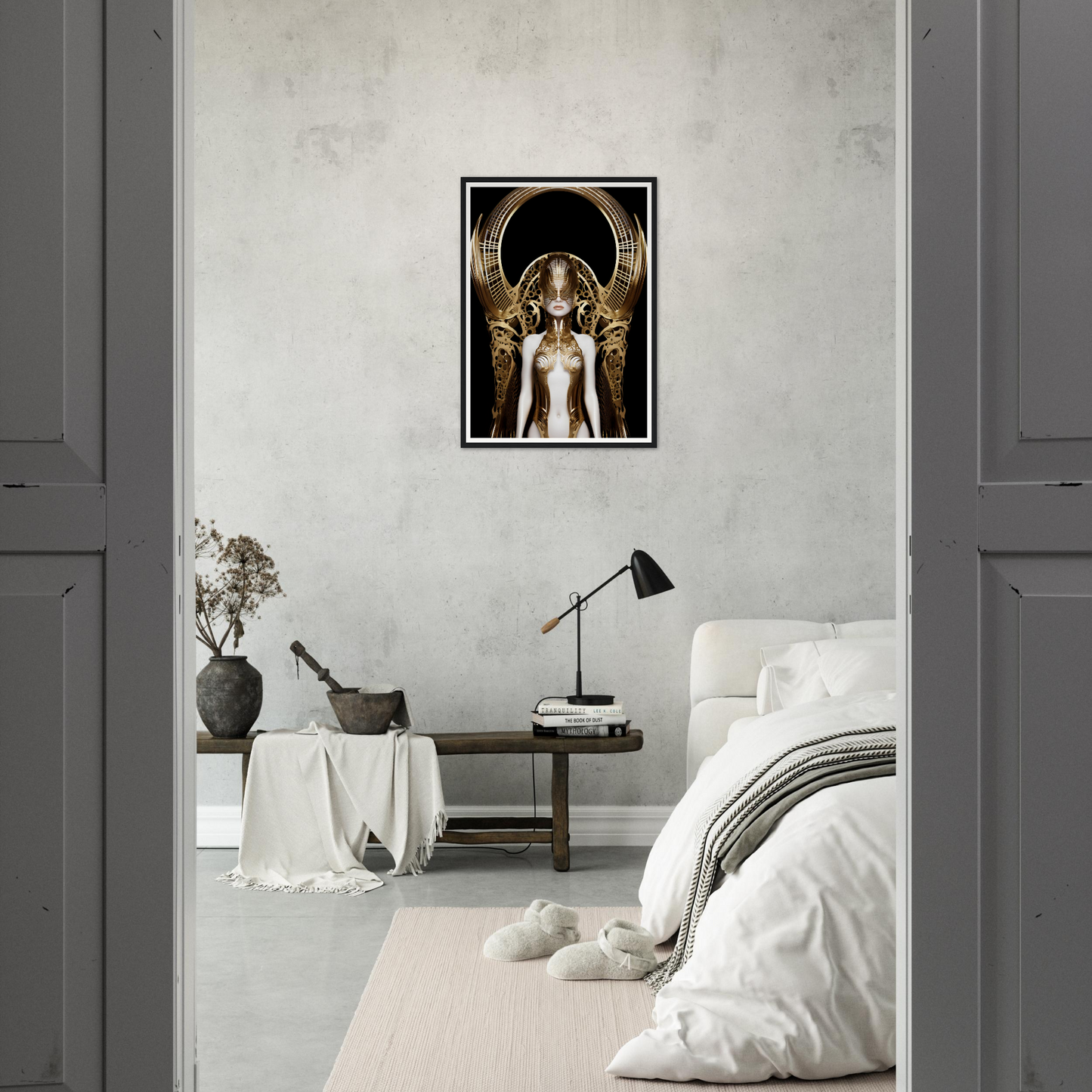 Framed artwork depicting an angelic or divine feminine figure with golden wings.