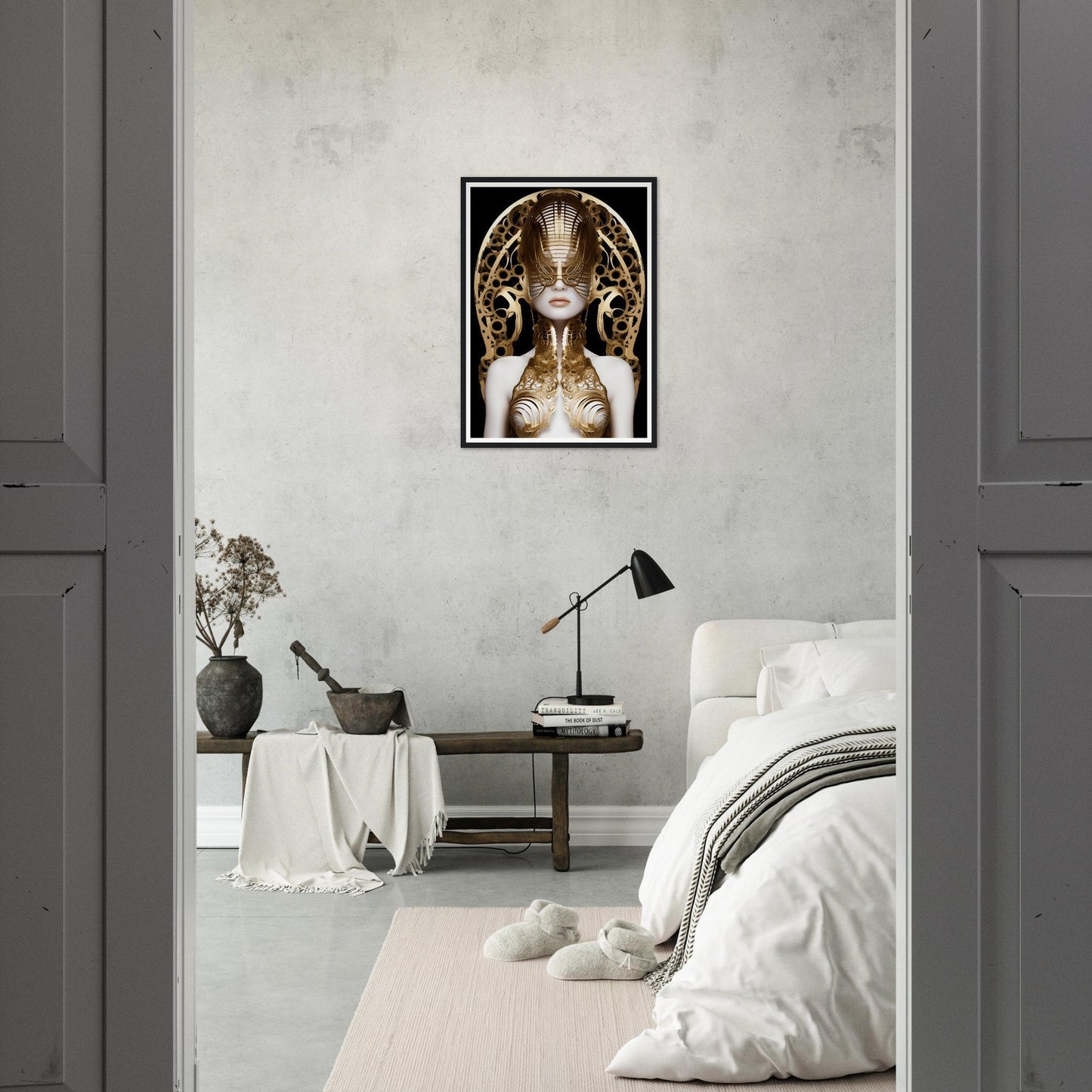 Framed artwork depicting a surreal, golden-adorned figure with an elaborate headdress.