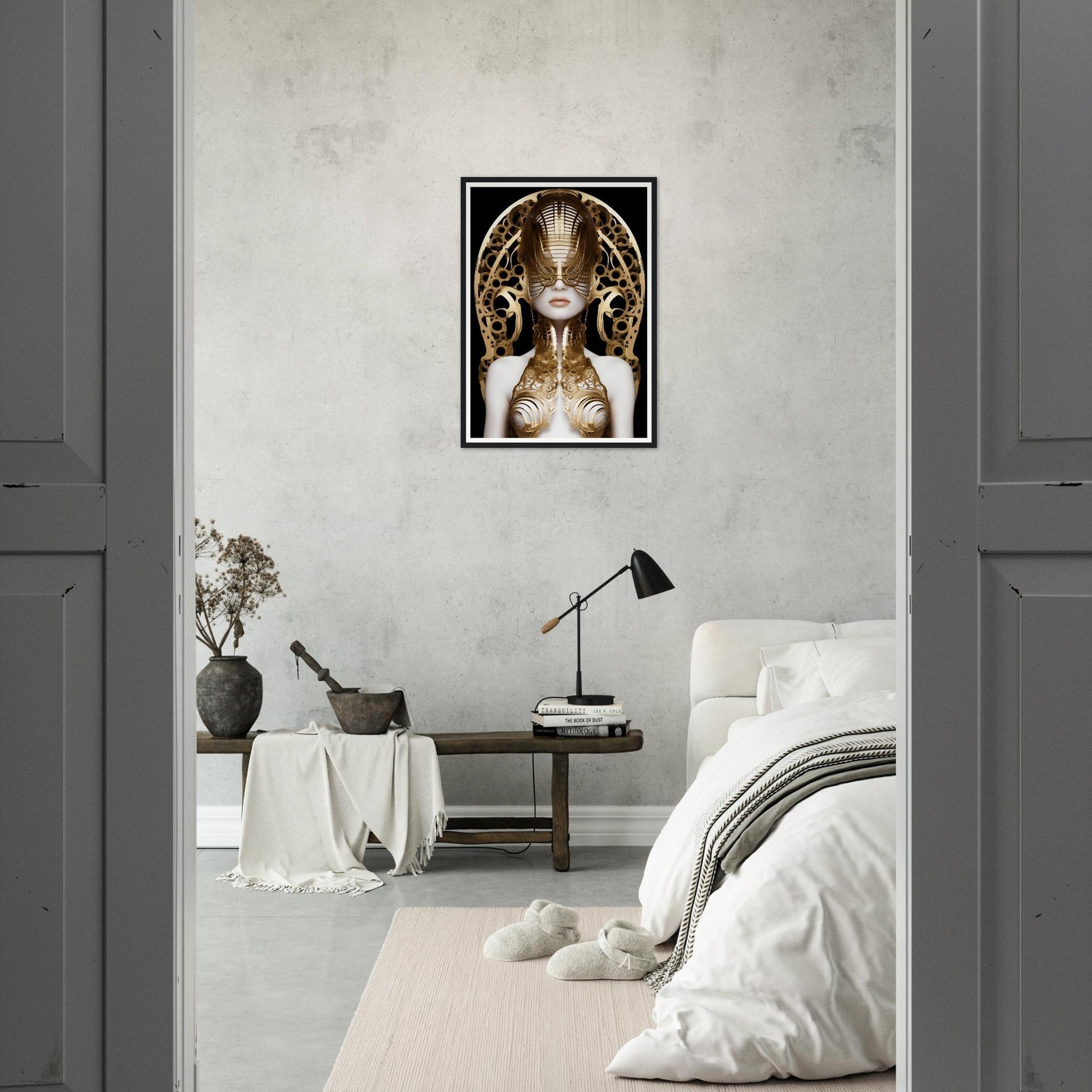 Framed artwork depicting a surreal, golden-adorned figure with an elaborate headdress.