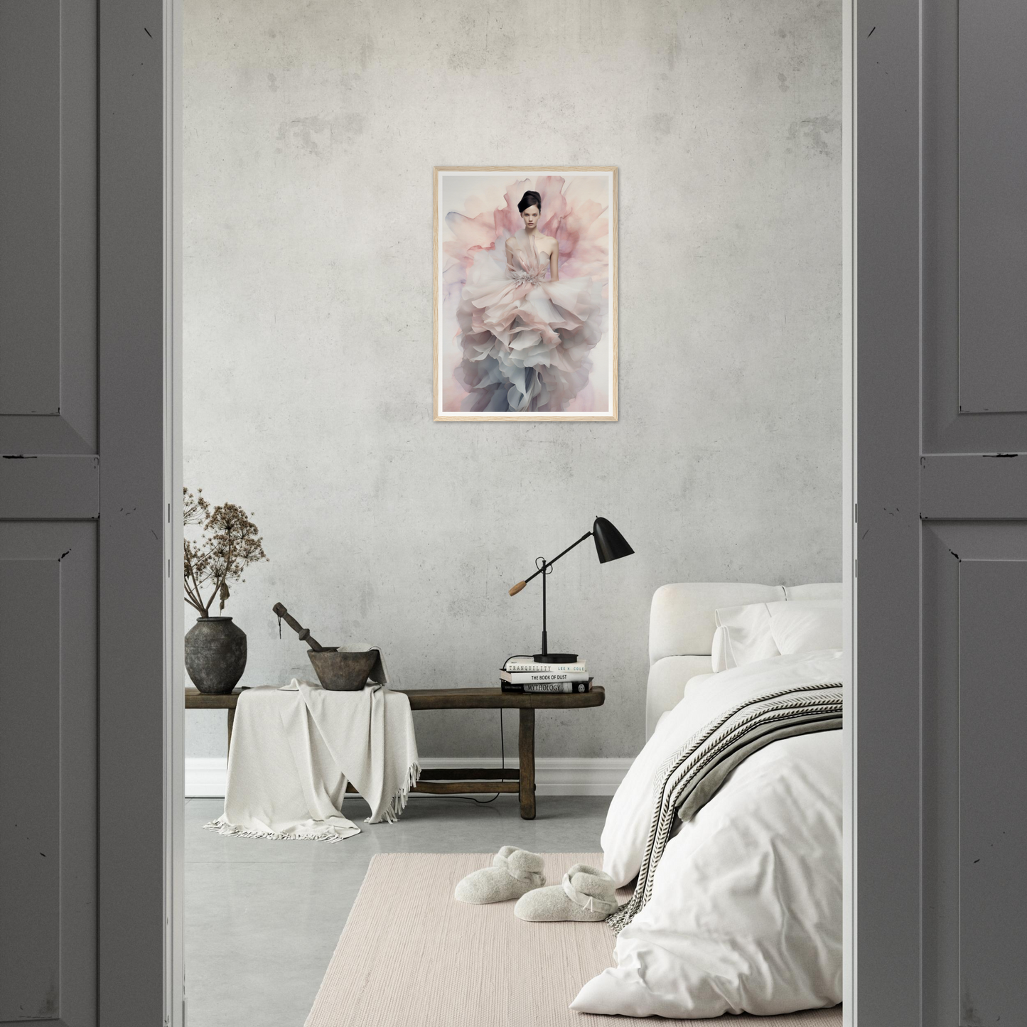 Serene bedroom with a soft color palette and minimalist decor.