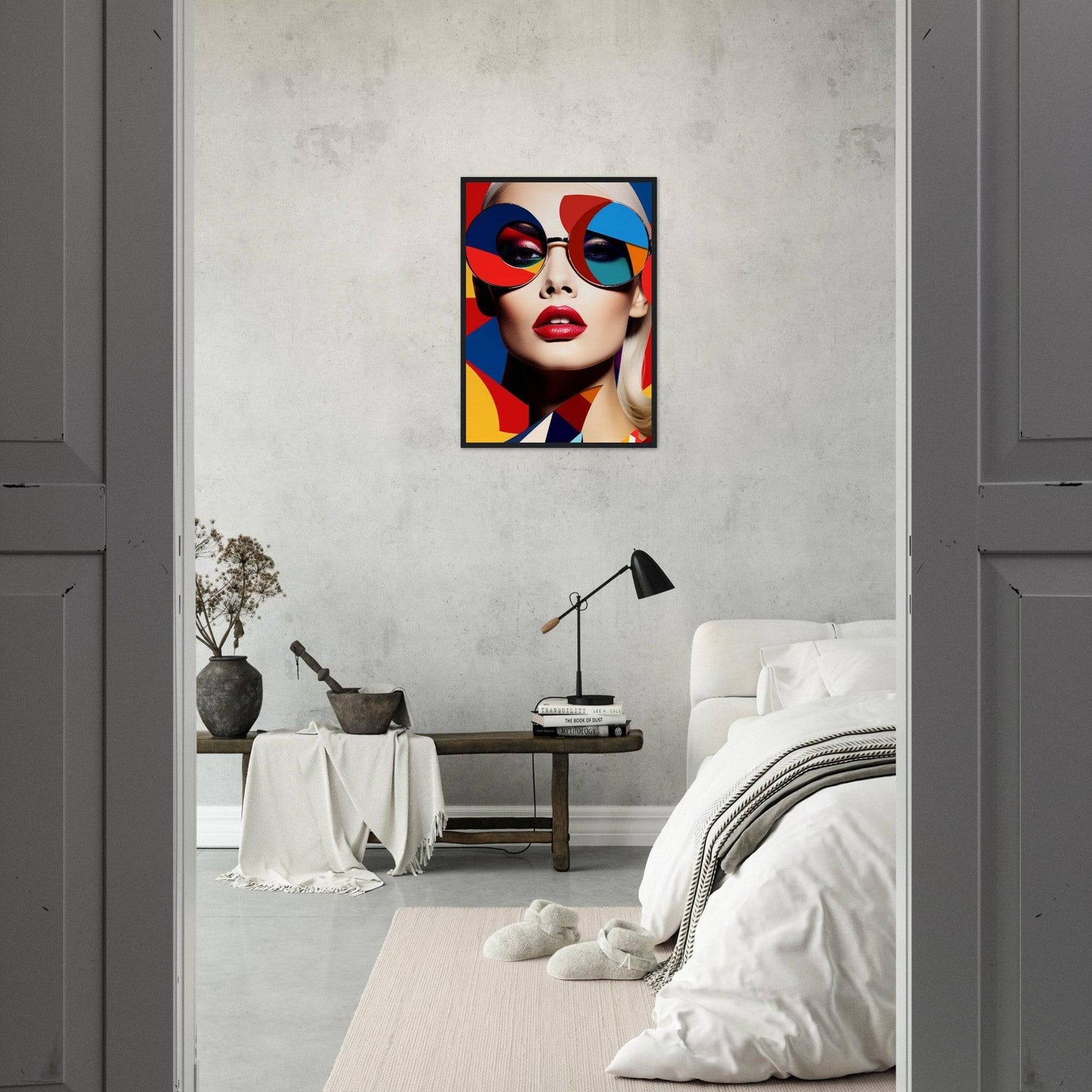 Colorful pop art-style portrait of a woman wearing sunglasses and red lipstick.