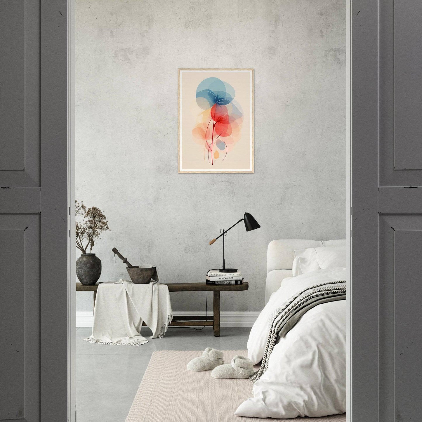 Minimalist bedroom with a colorful abstract watercolor painting as the focal point.