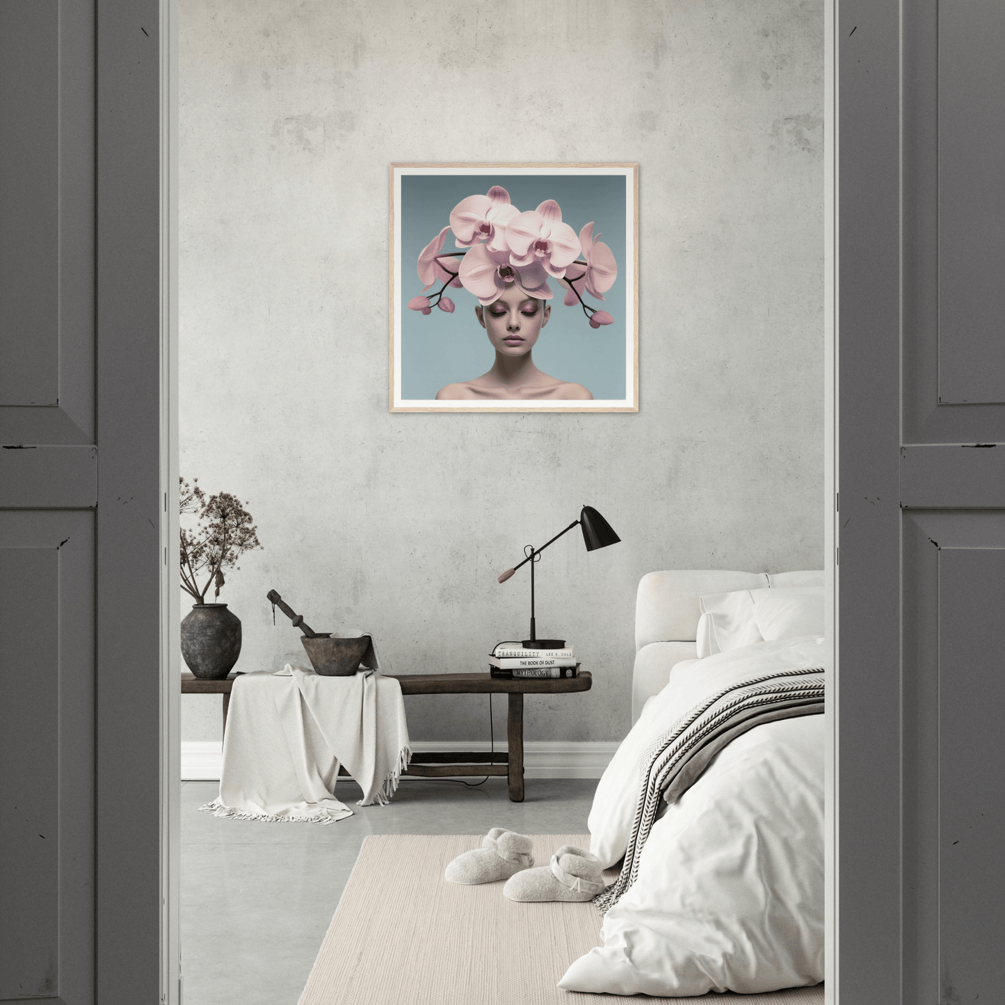 Framed portrait of a person wearing an elaborate floral headdress.